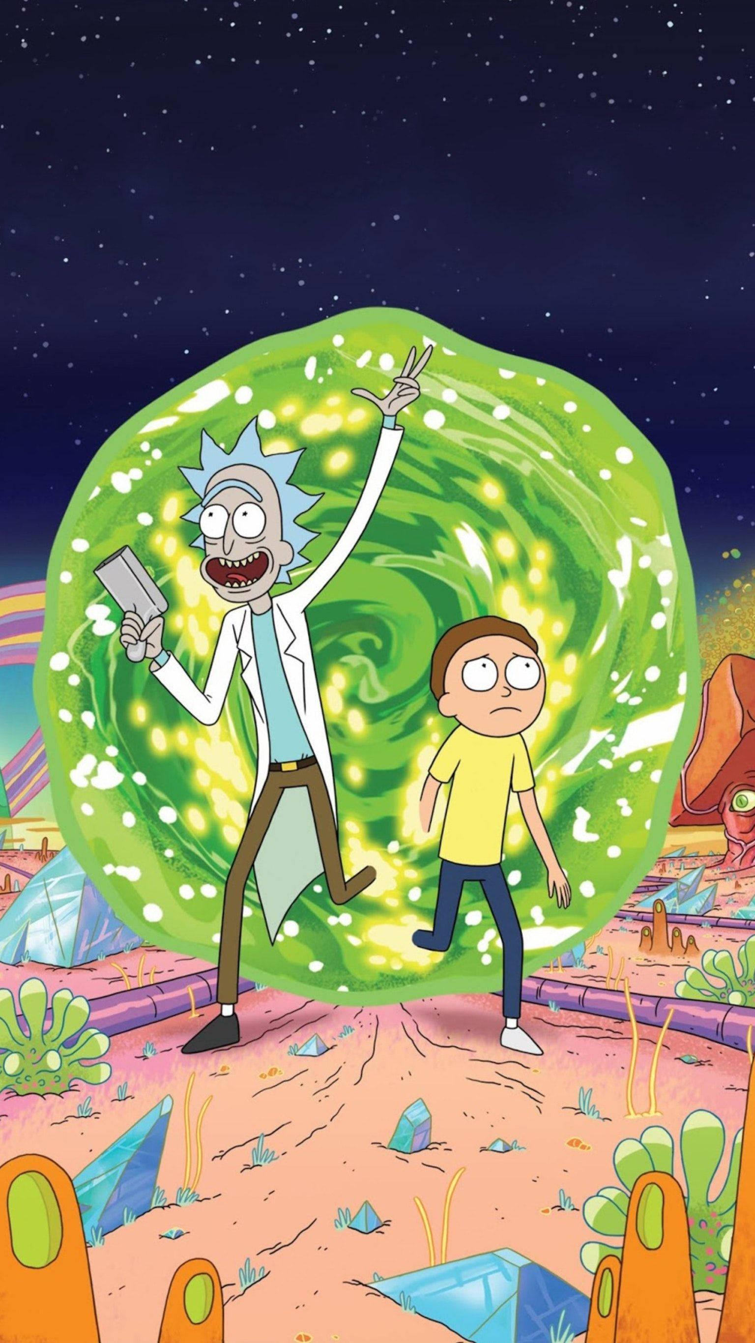 Rick and Morty come out of a portal together — 1536x2732 wallpaper