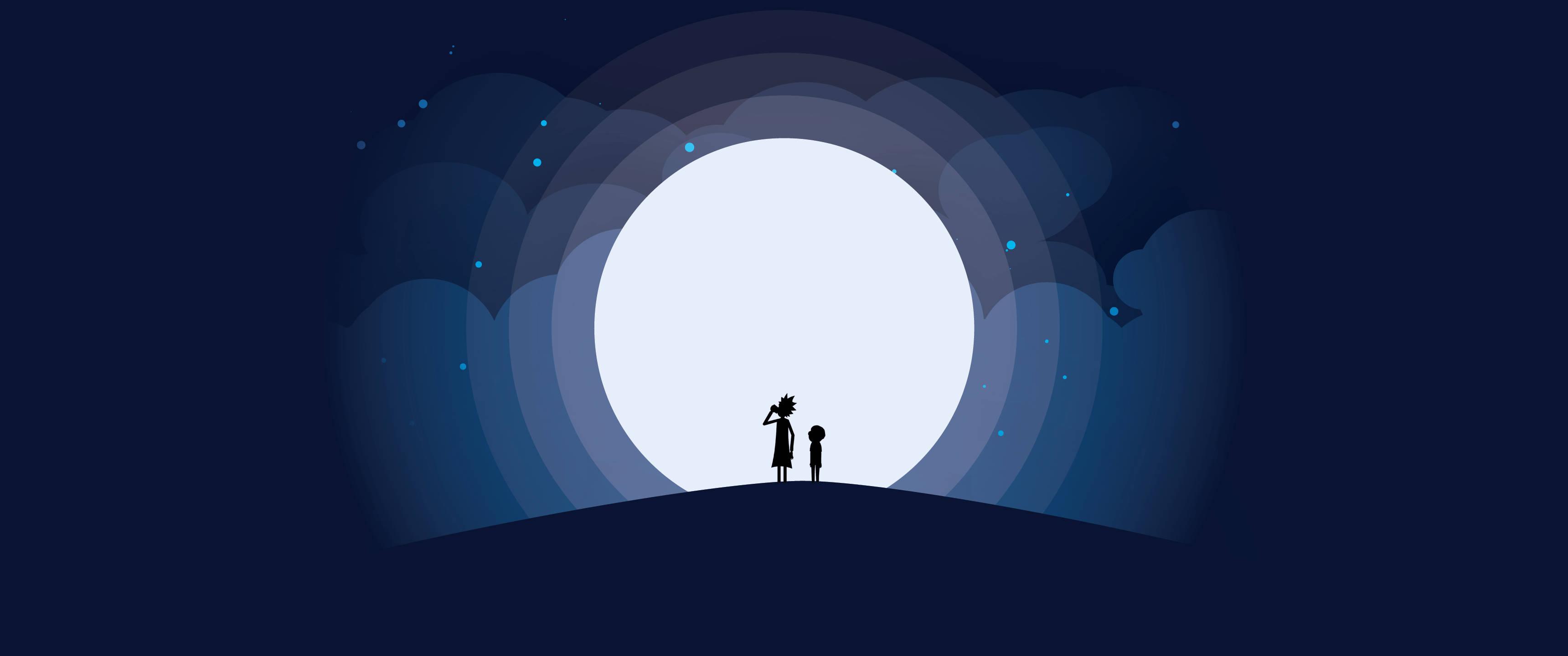 Rick and Morty living the dream against a stunning moonlit sky — 3440x1440 wallpaper