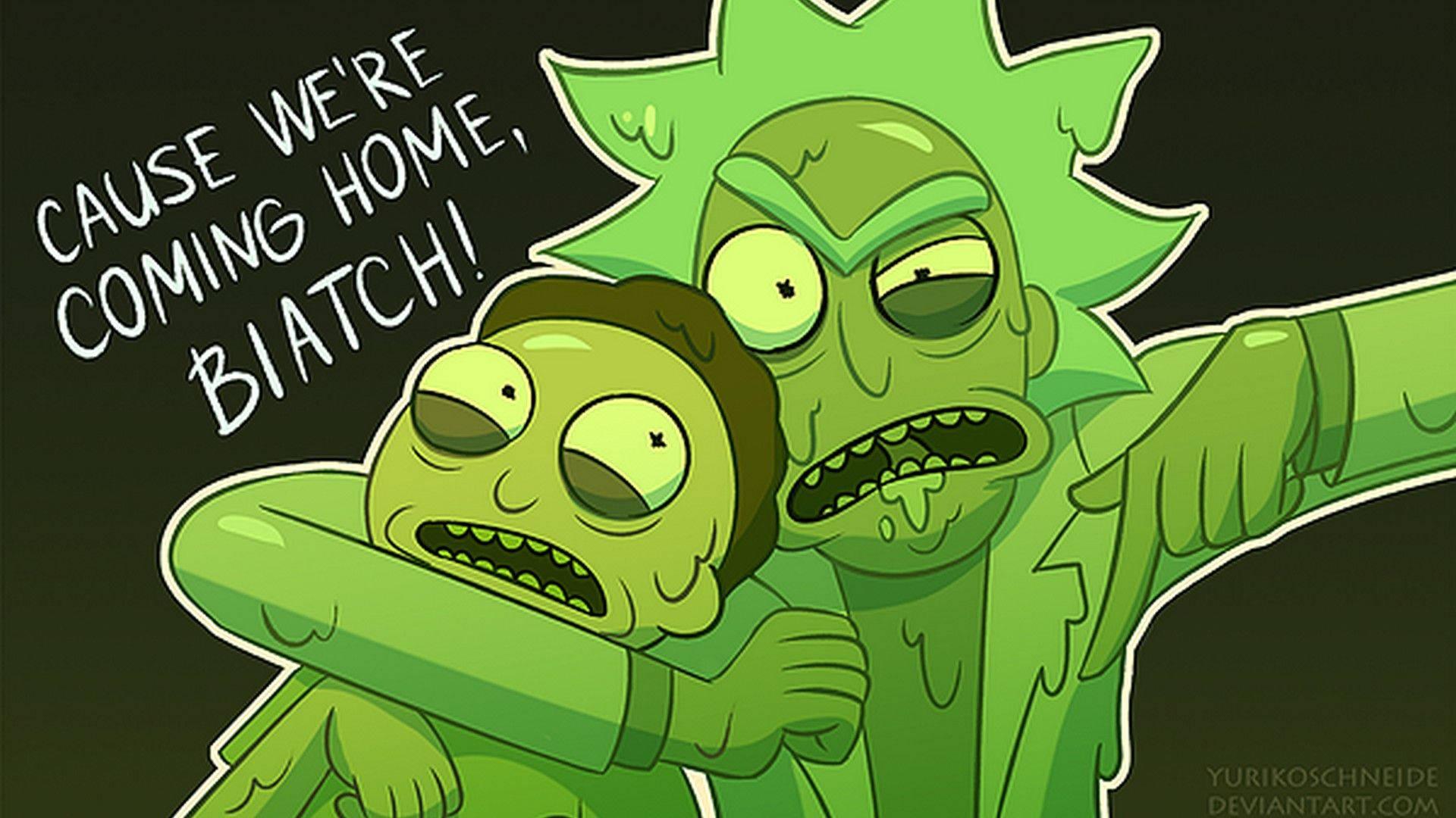 Rick and Morty swimming in a pool of green slime — 1920x1080 wallpaper