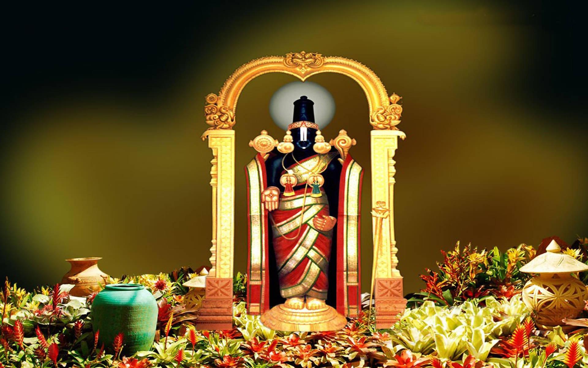 Sacred Figure of Lord Venkateswara surrounded by Divine Flowers and Pots — 1920x1200 wallpaper