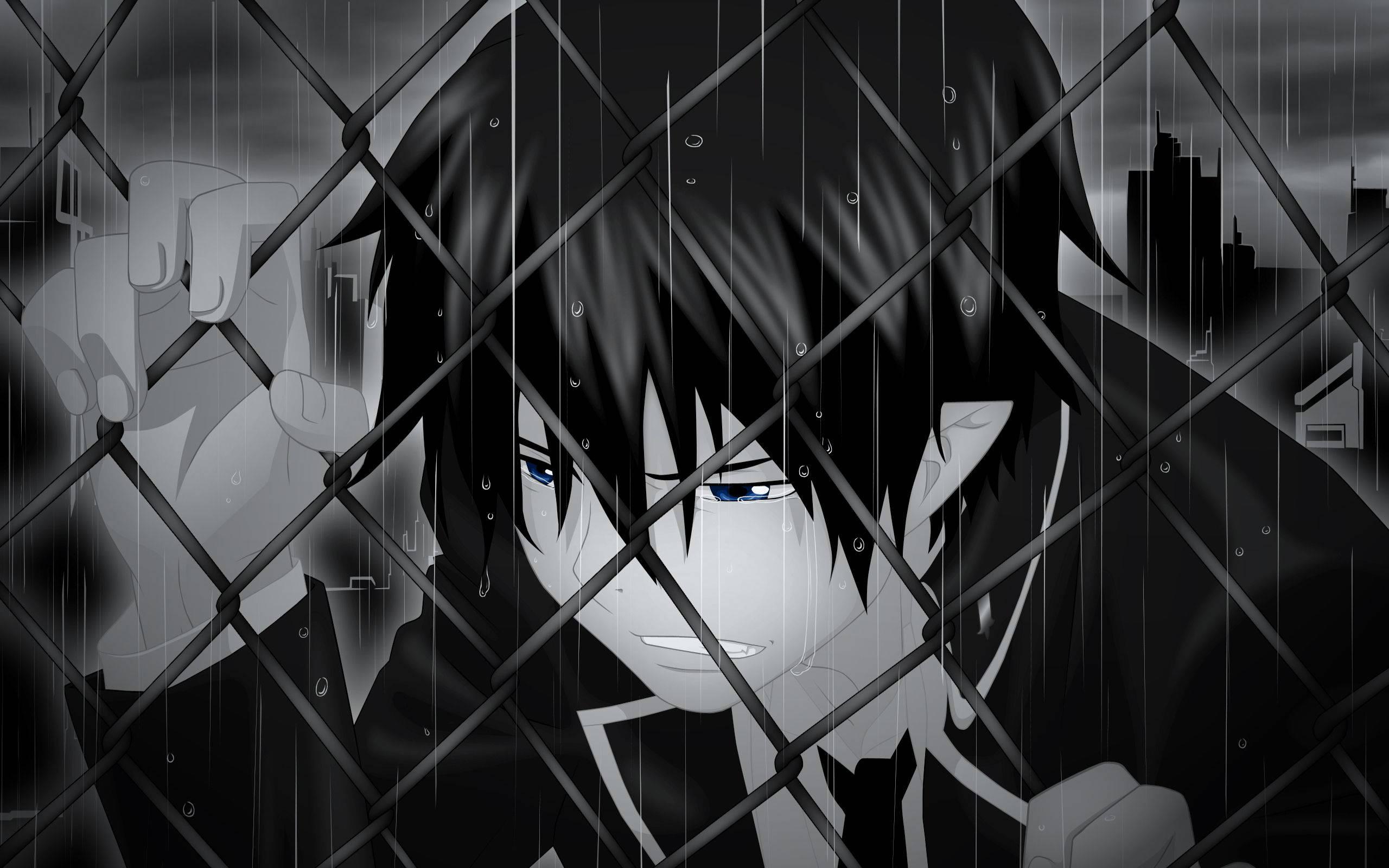 Sad Anime Boy Mournfully Sitting In The Rain — 2560x1600 wallpaper