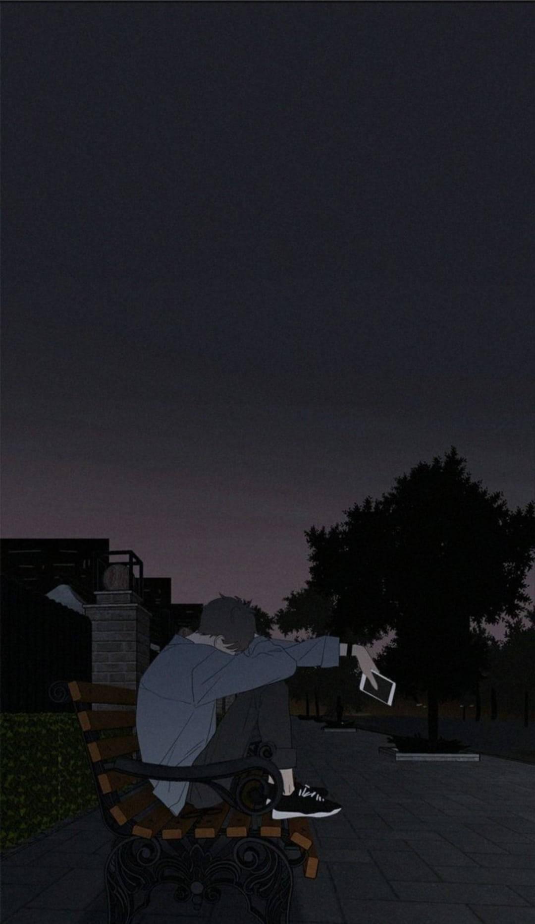 Sad Boy Cartoon Slouching On Bench — 1080x1863 wallpaper