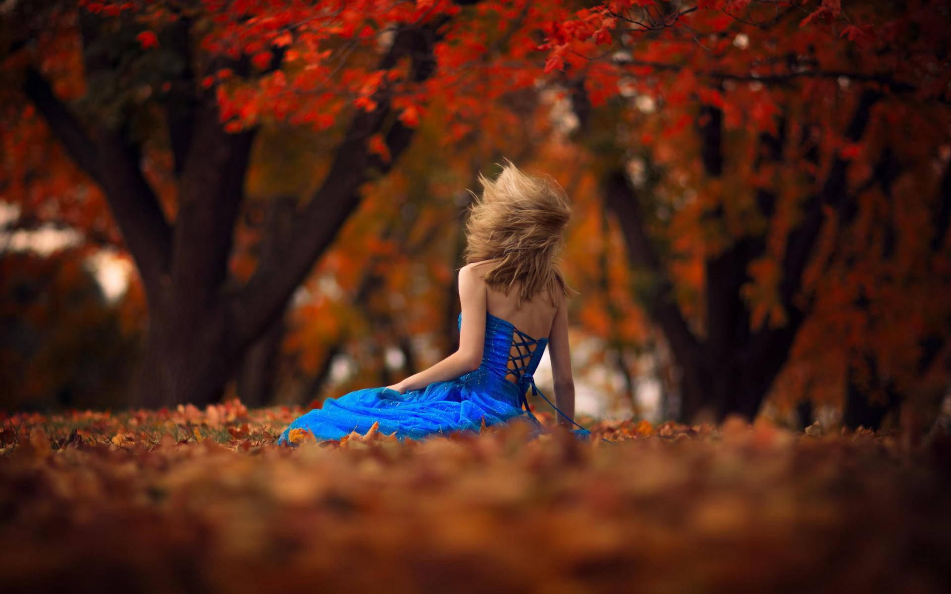 Sad Girl In Blue Dress Autumn — 1920x1200 wallpaper
