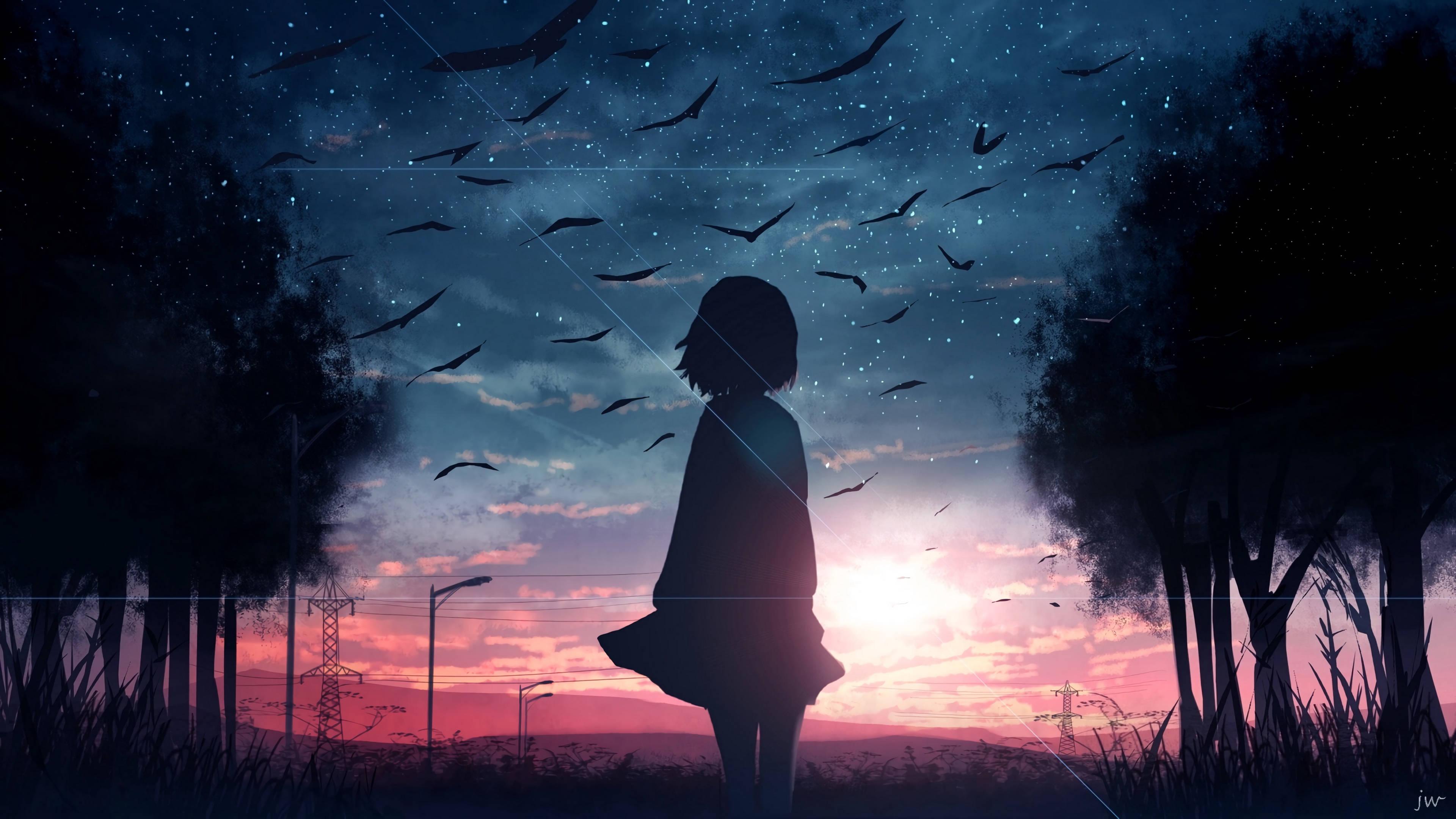 Sad Girl Sunrise And Birds — 3840x2160 wallpaper