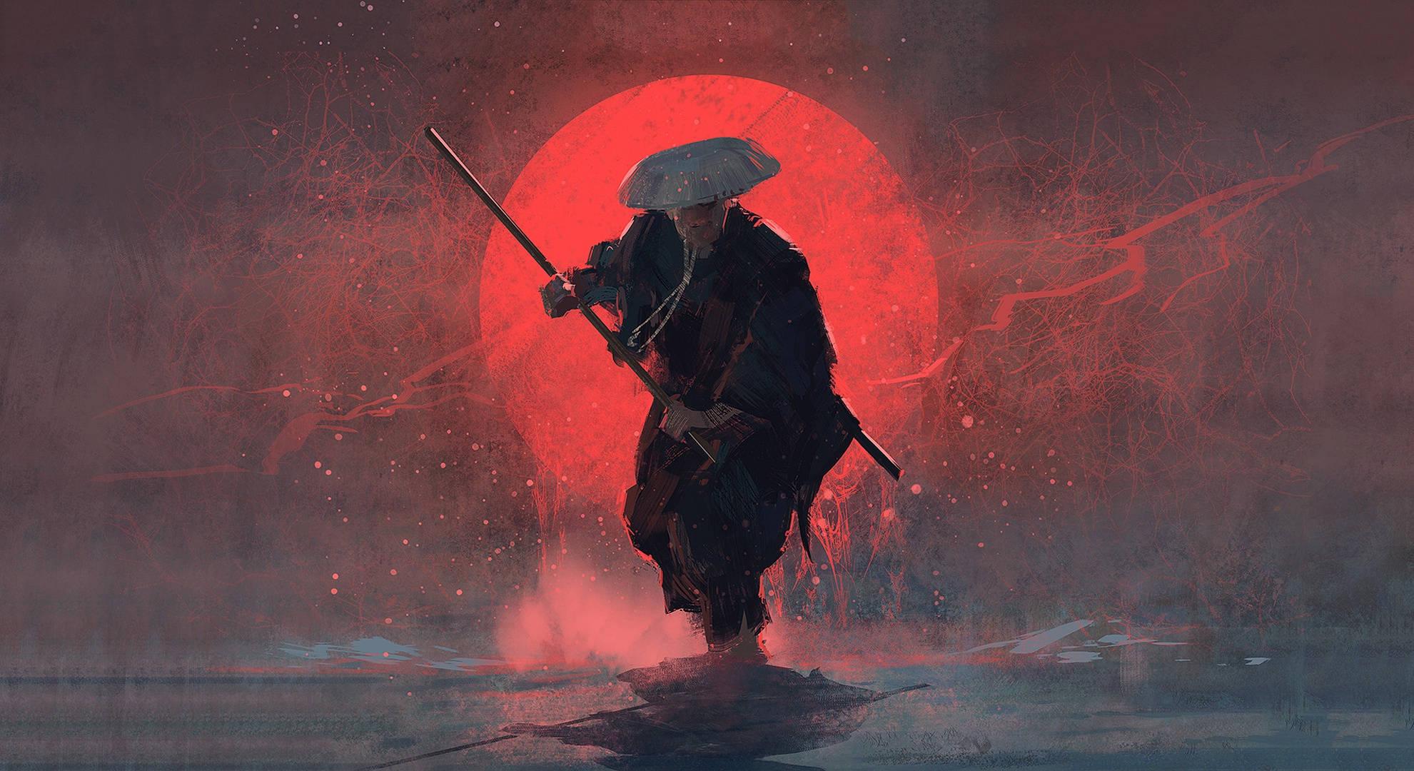 Samurai And Red Moon — 1981x1080 wallpaper