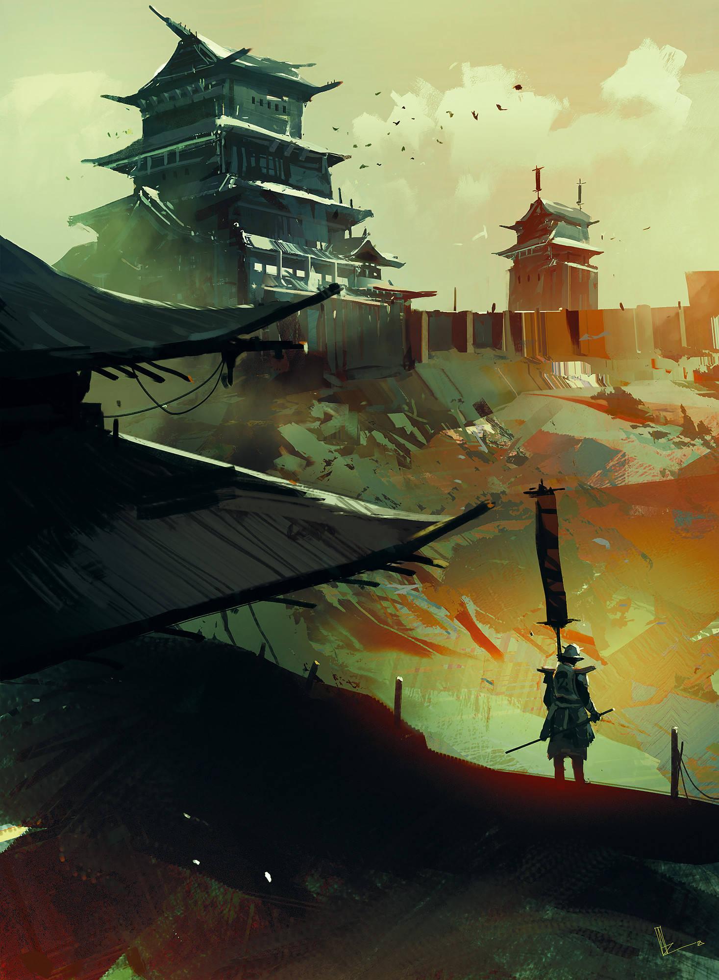 Samurai Warrior Surveying a Castle — 1467x2000 wallpaper