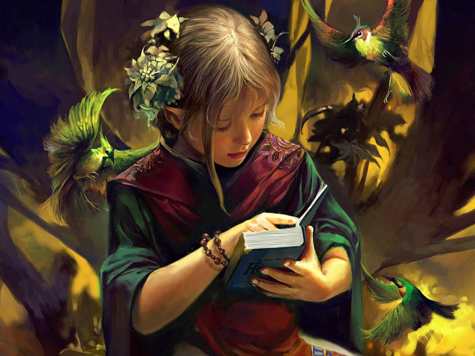 Scholarly elf girl roaming through a fairytale forest — 1600x1200 wallpaper