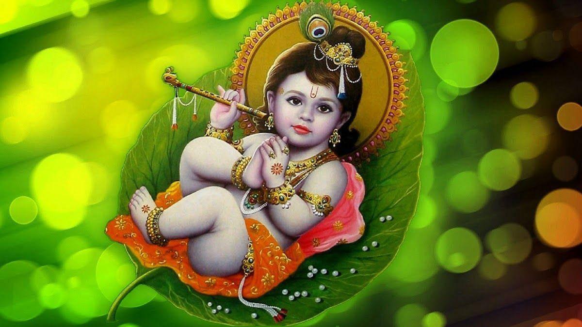 Serene Bal Krishna Reposing on Peepal Leaf — 1200x675 wallpaper
