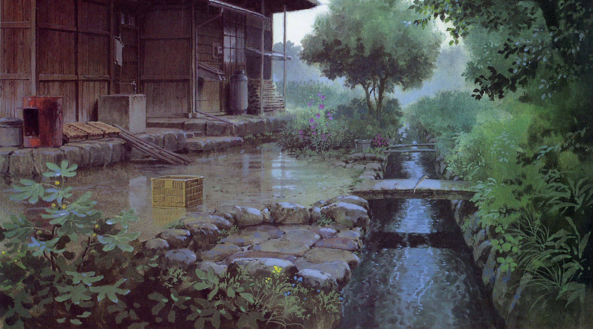 Serene Town with a Giant Robot in Studio Ghibli Background — 2484x1376 wallpaper
