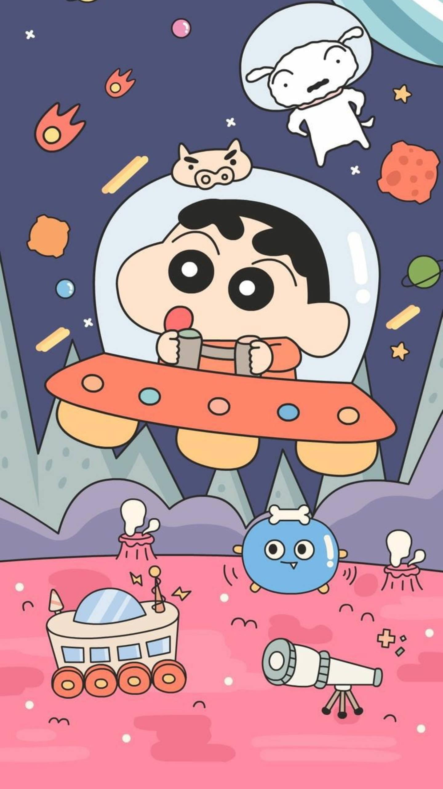 Shinchan Aesthetic In Outer Space — 1440x2560 wallpaper