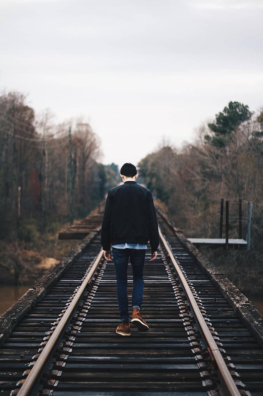 Single Boy Walking On A Railway — 880x1321 wallpaper