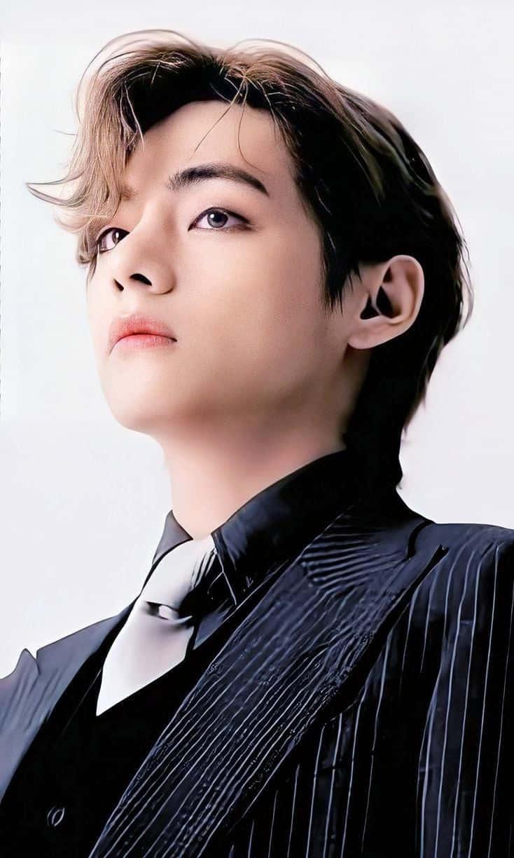 Smiling V of BTS at a promotional event. — 734x1224 wallpaper