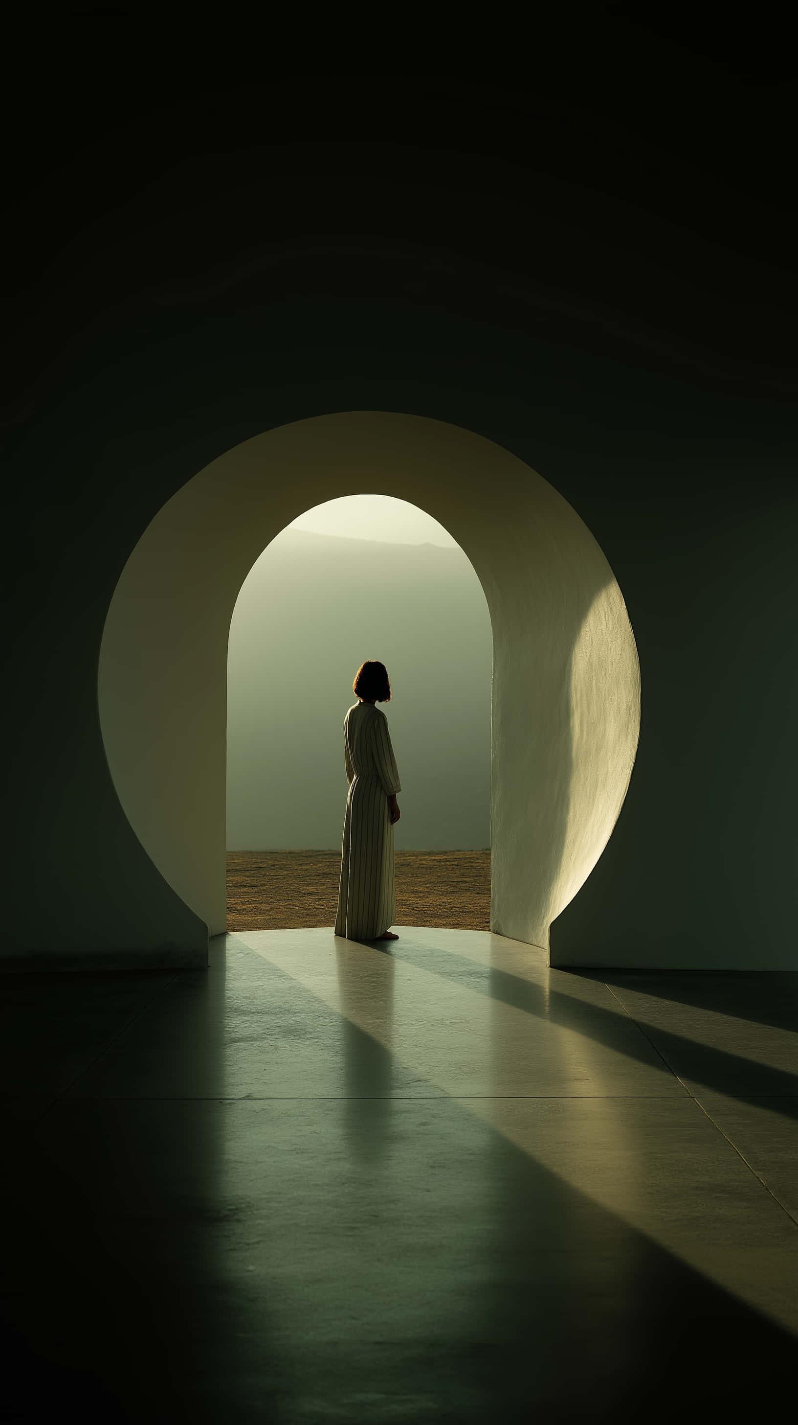 Solitary Figure in Glowing Archway Over Misty Water at Sunset