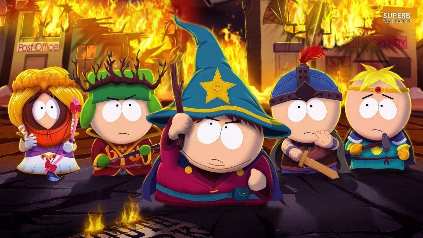 South Park Characters on a Flaming Poster — 1366x768 wallpaper