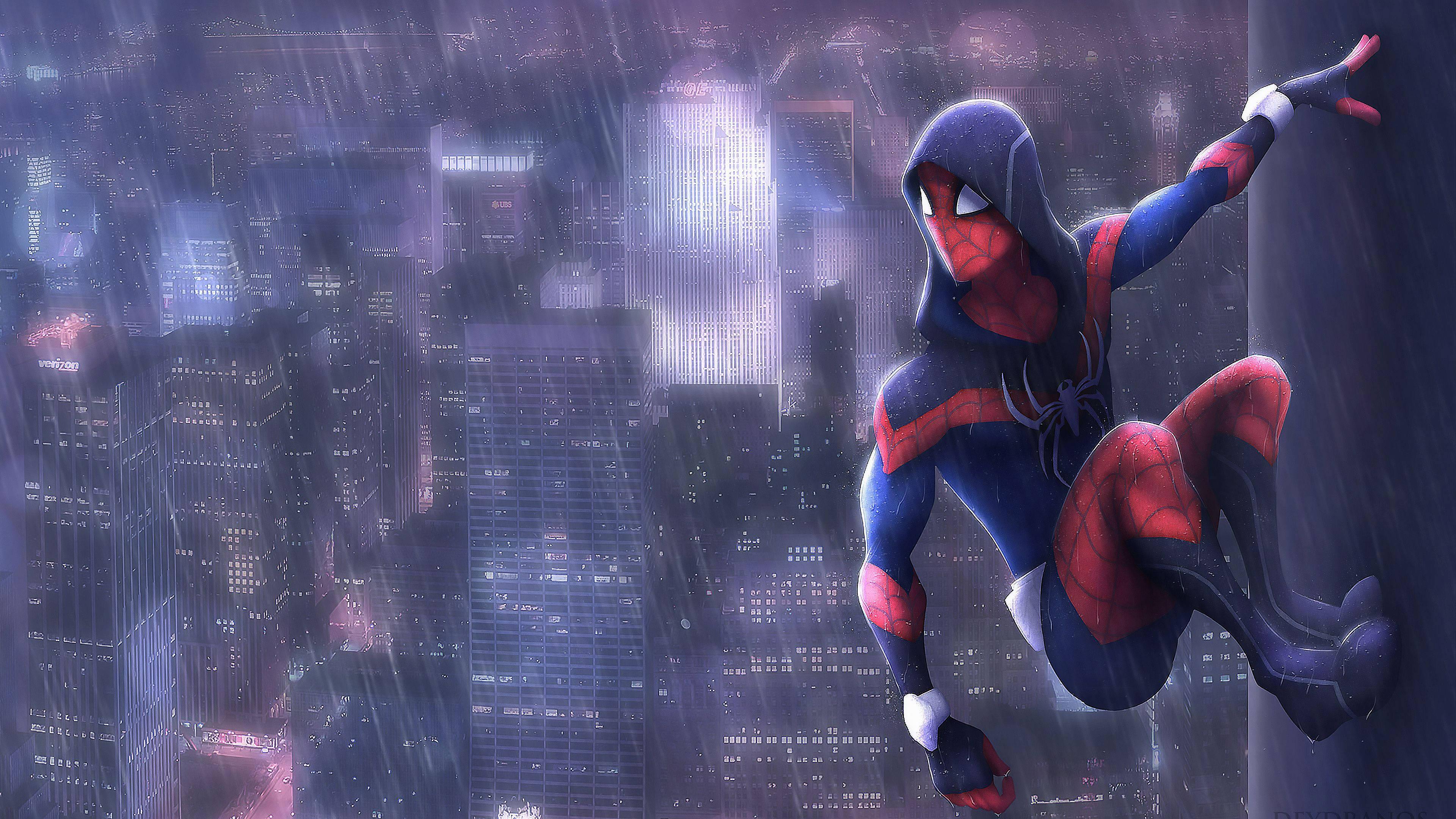 Spiderman bravely standing tall in the rain