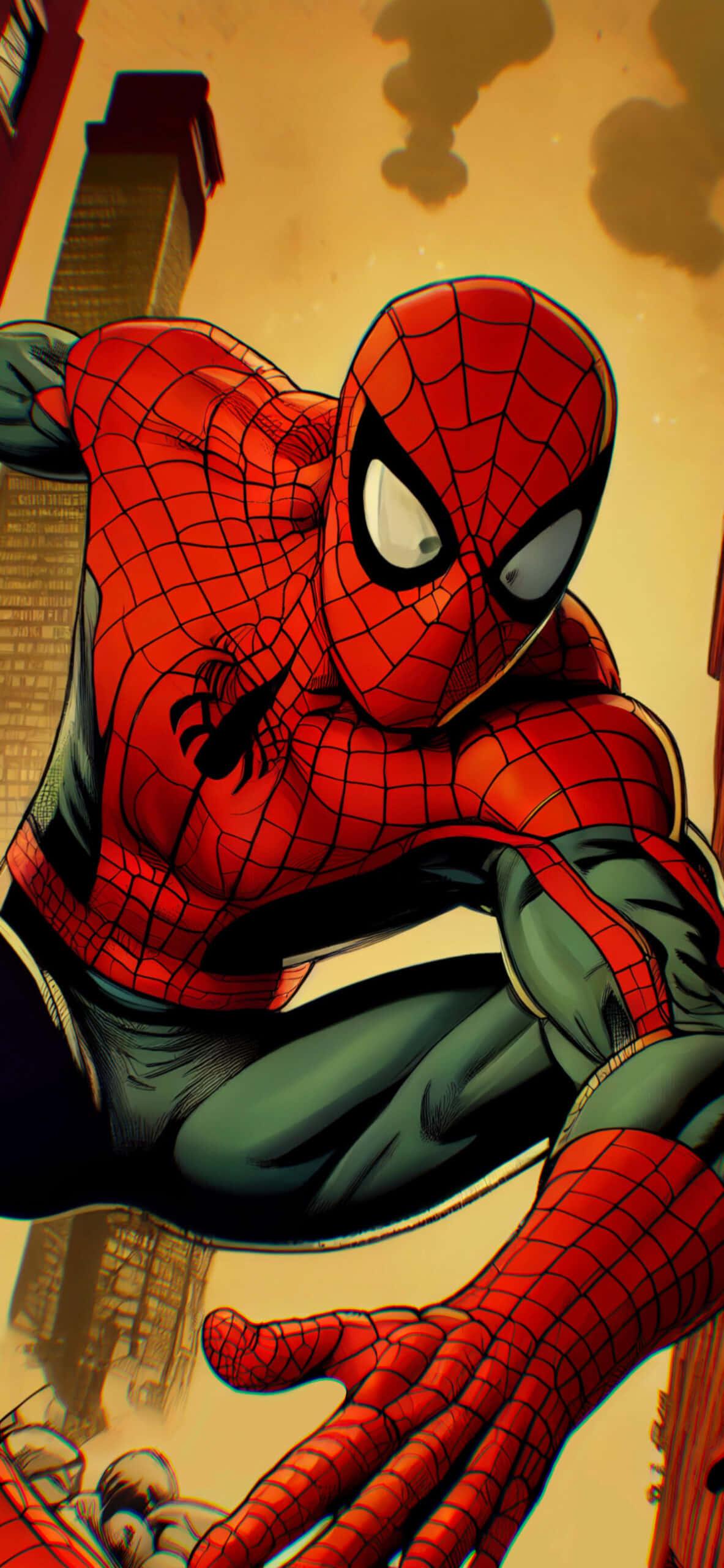 Spiderman daringly crawling over the city