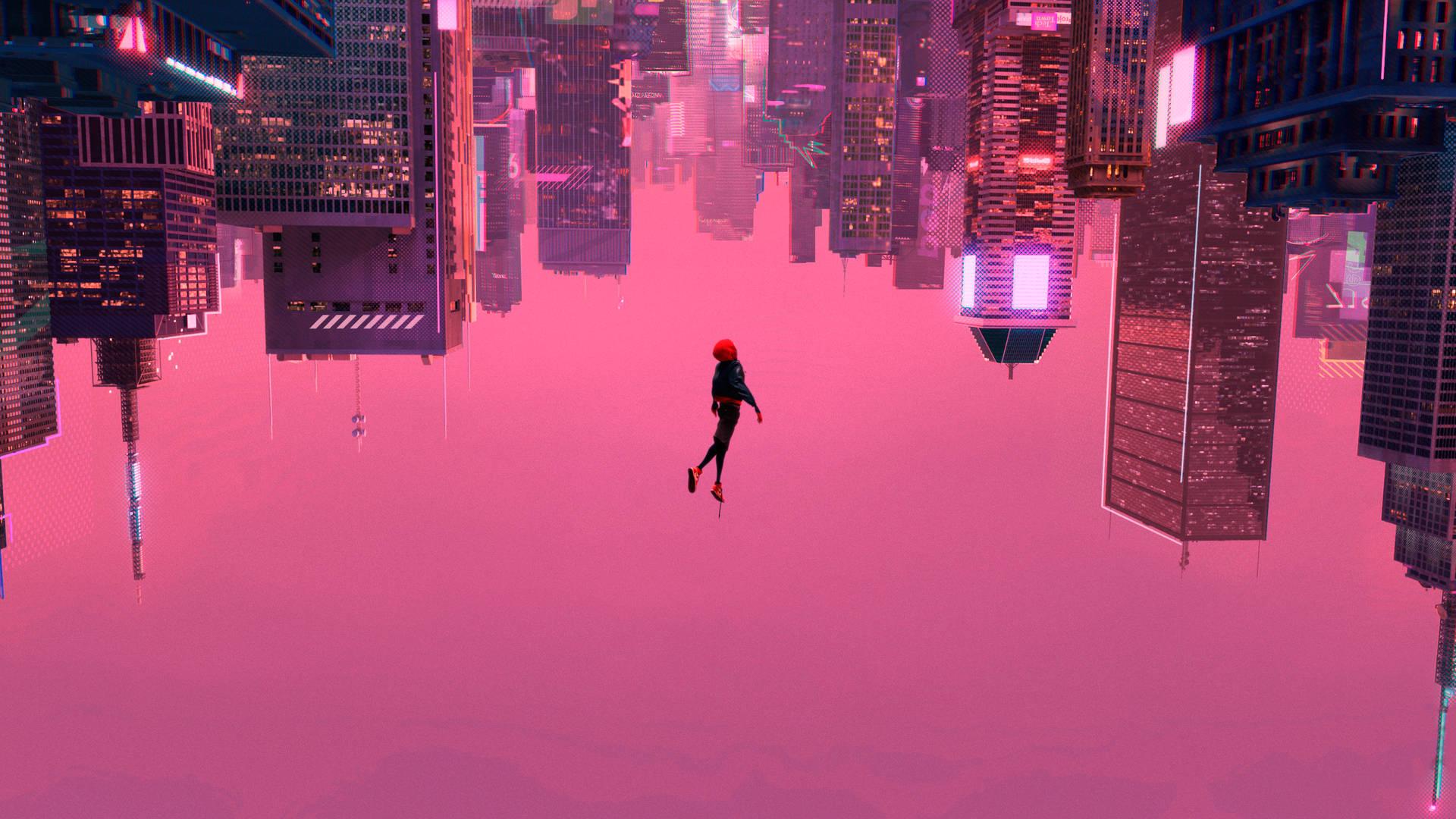 Spiderman falling gracefully against a pink backdrop