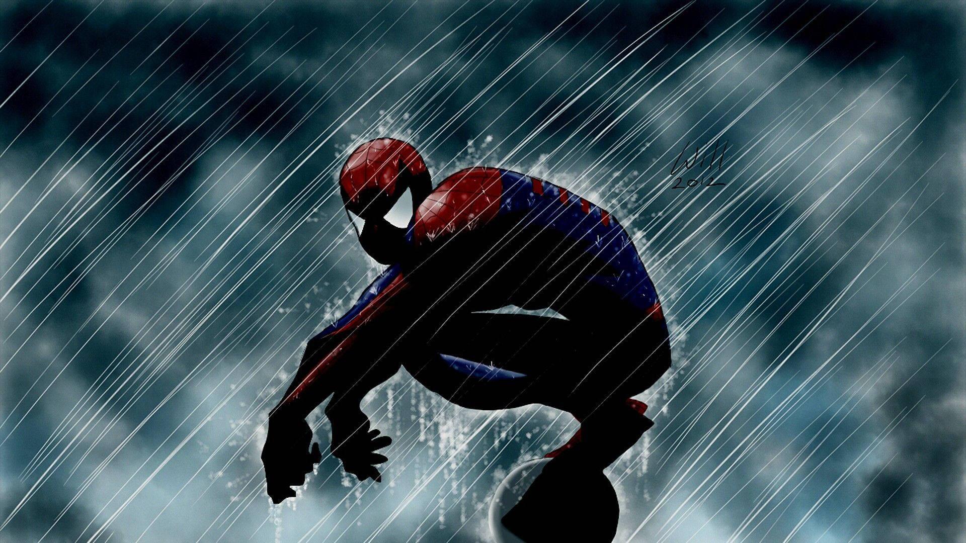 Spiderman in the rain.