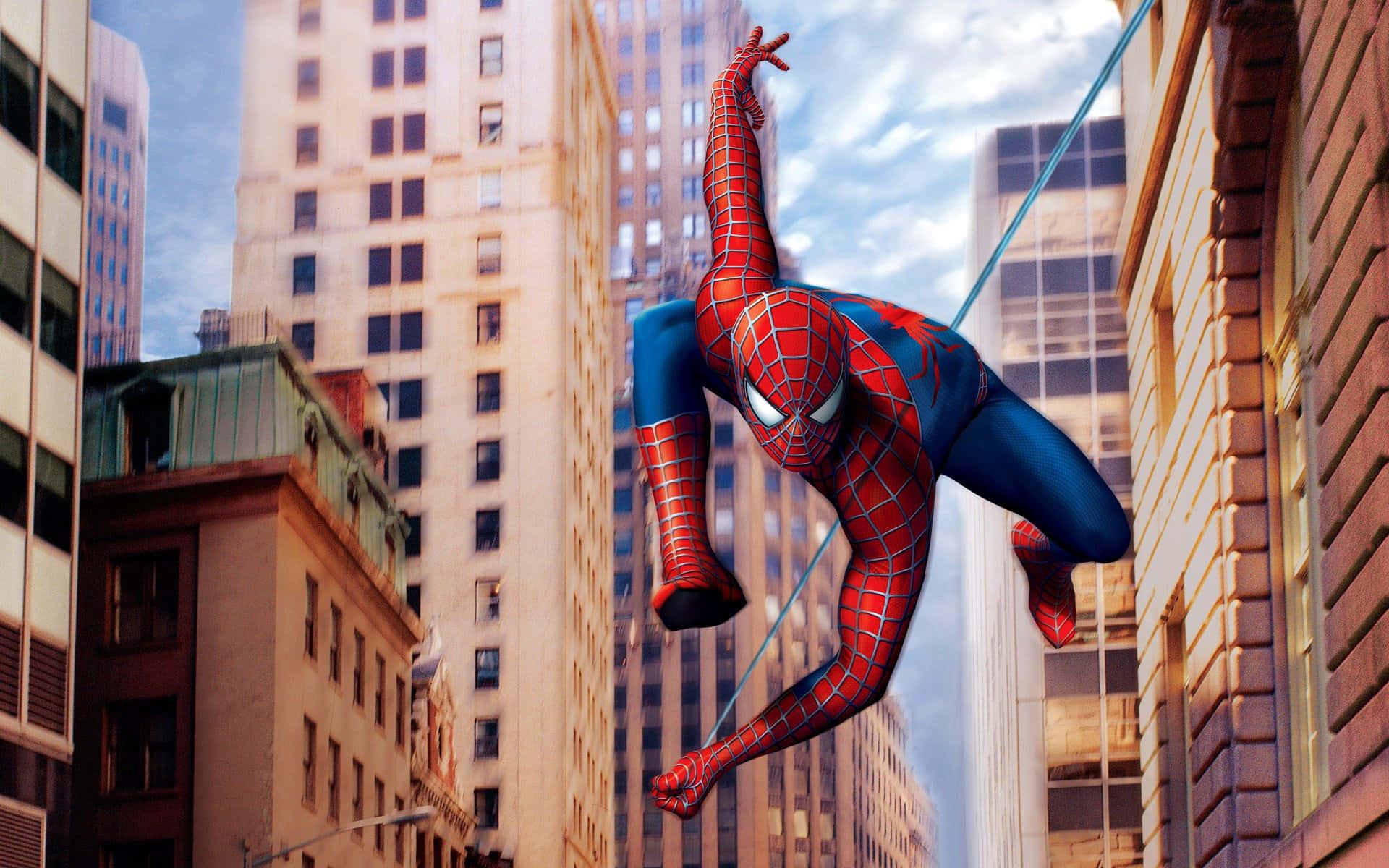 Spiderman Preparing to Swing Across the City
