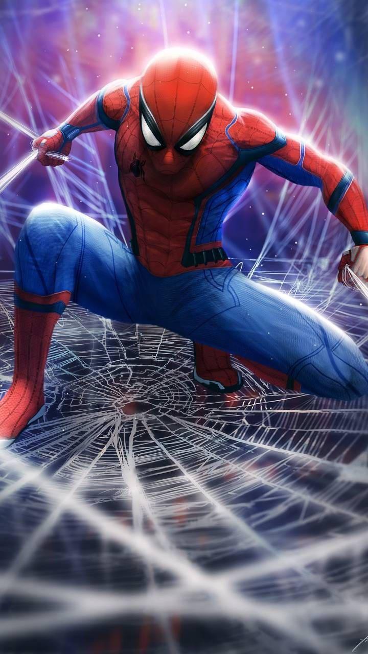 Spiderman swinging between skyscrapers on a web