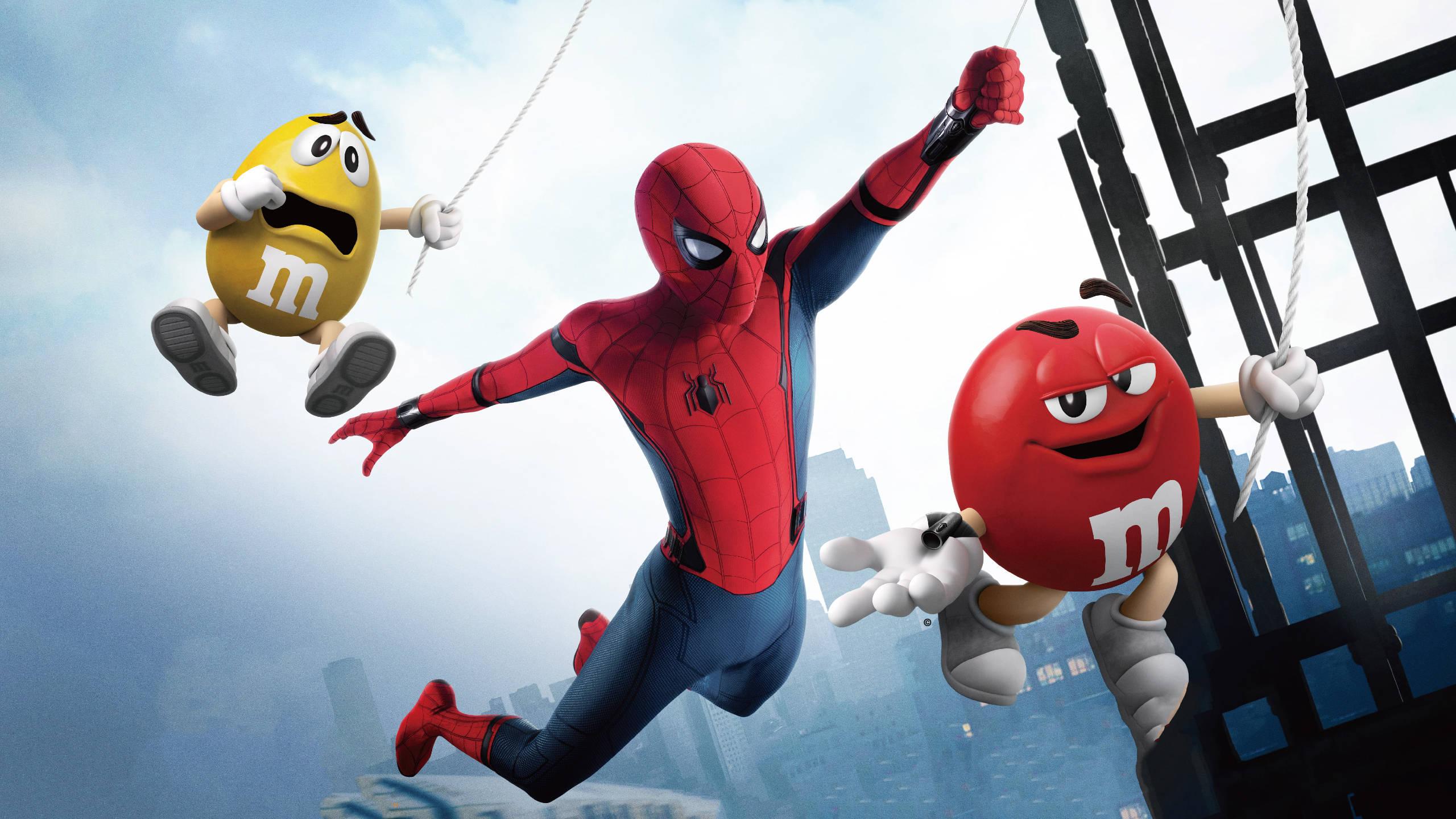 Spiderman takes a break from the the superhero life with M&M's candy