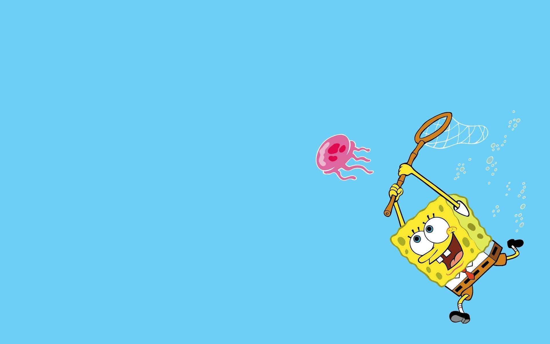 Spongebob and a majestic pink jellyfish — 1920x1200 wallpaper