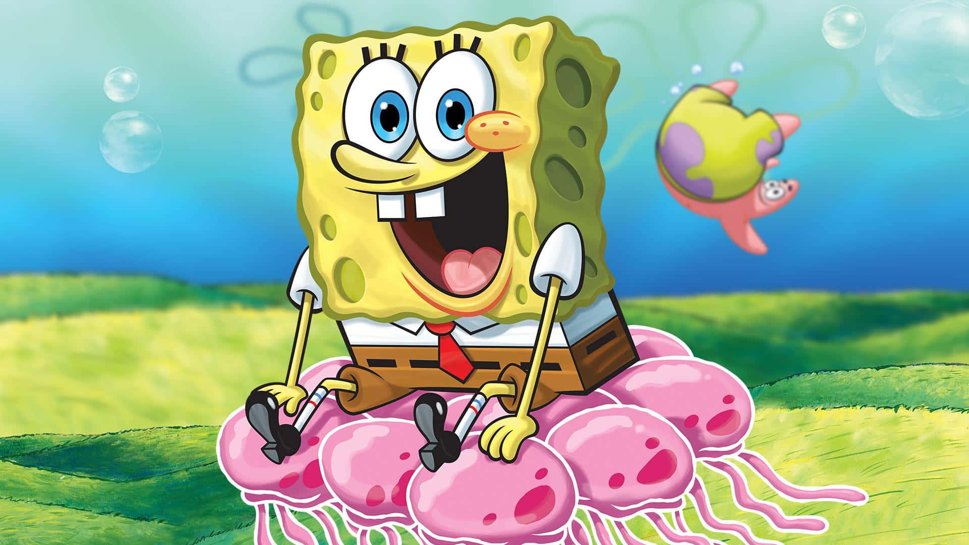 SpongeBob Squarepants Riding On Jellyfish Picture — 1920x1080 wallpaper
