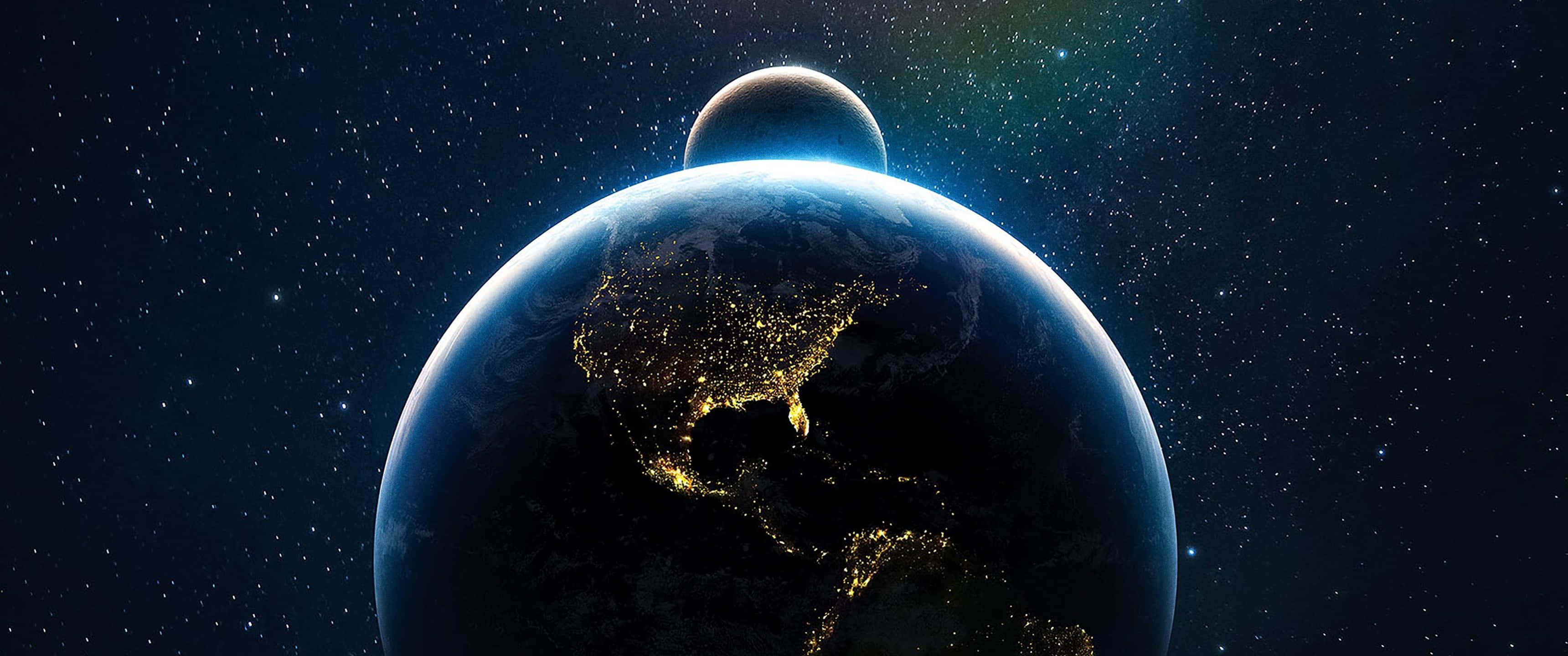 Starry Space With Earth Background — 3440x1440 wallpaper