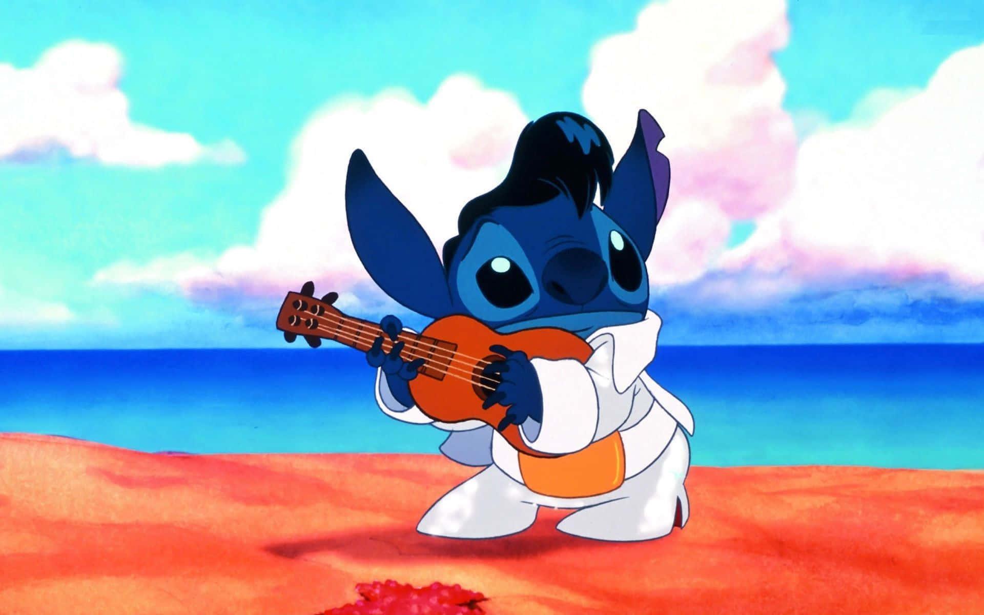 stitch playing a ukulele on the beach — 1920x1200 wallpaper