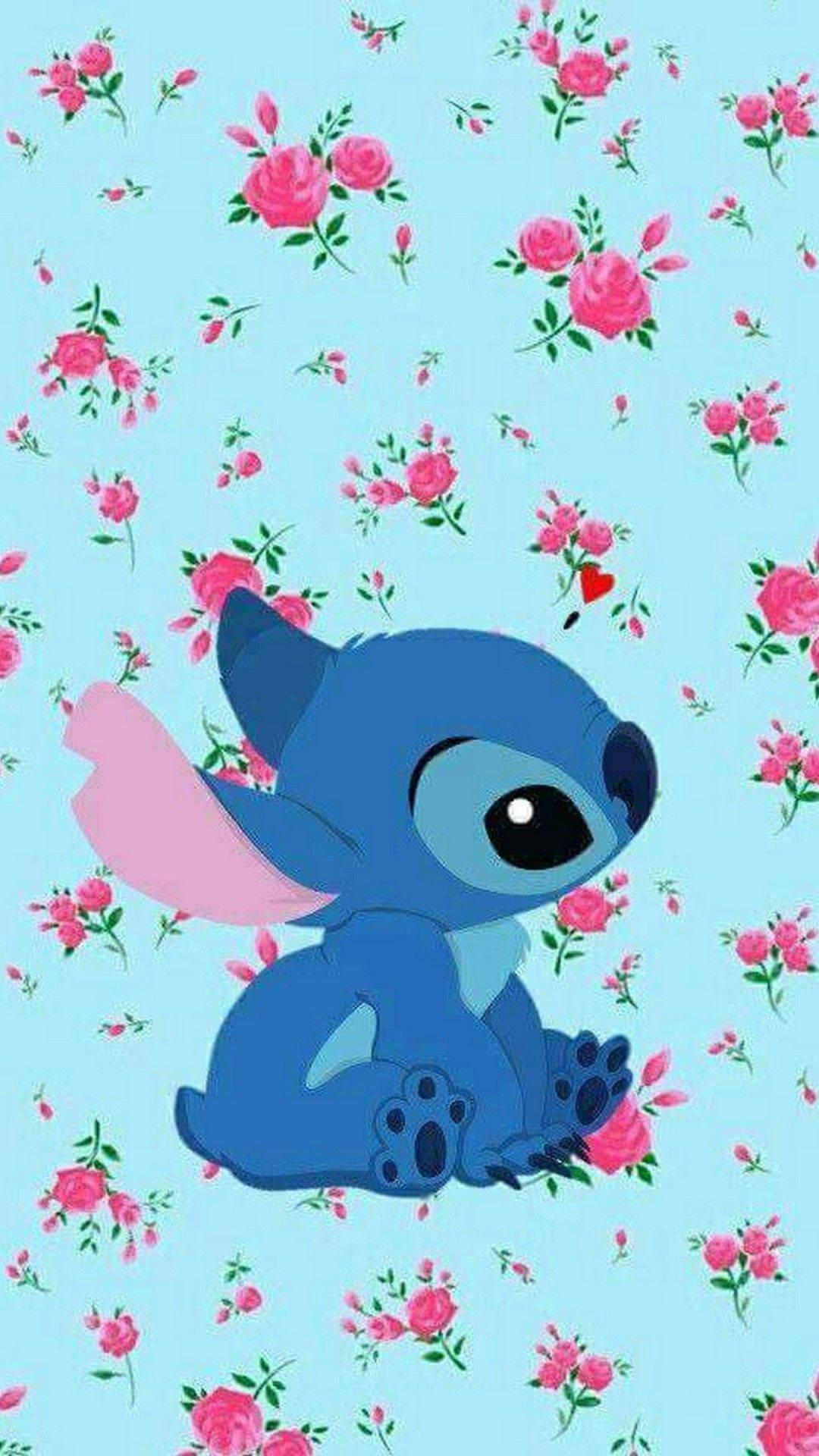 Stitch with a Bouquet of Pink Roses