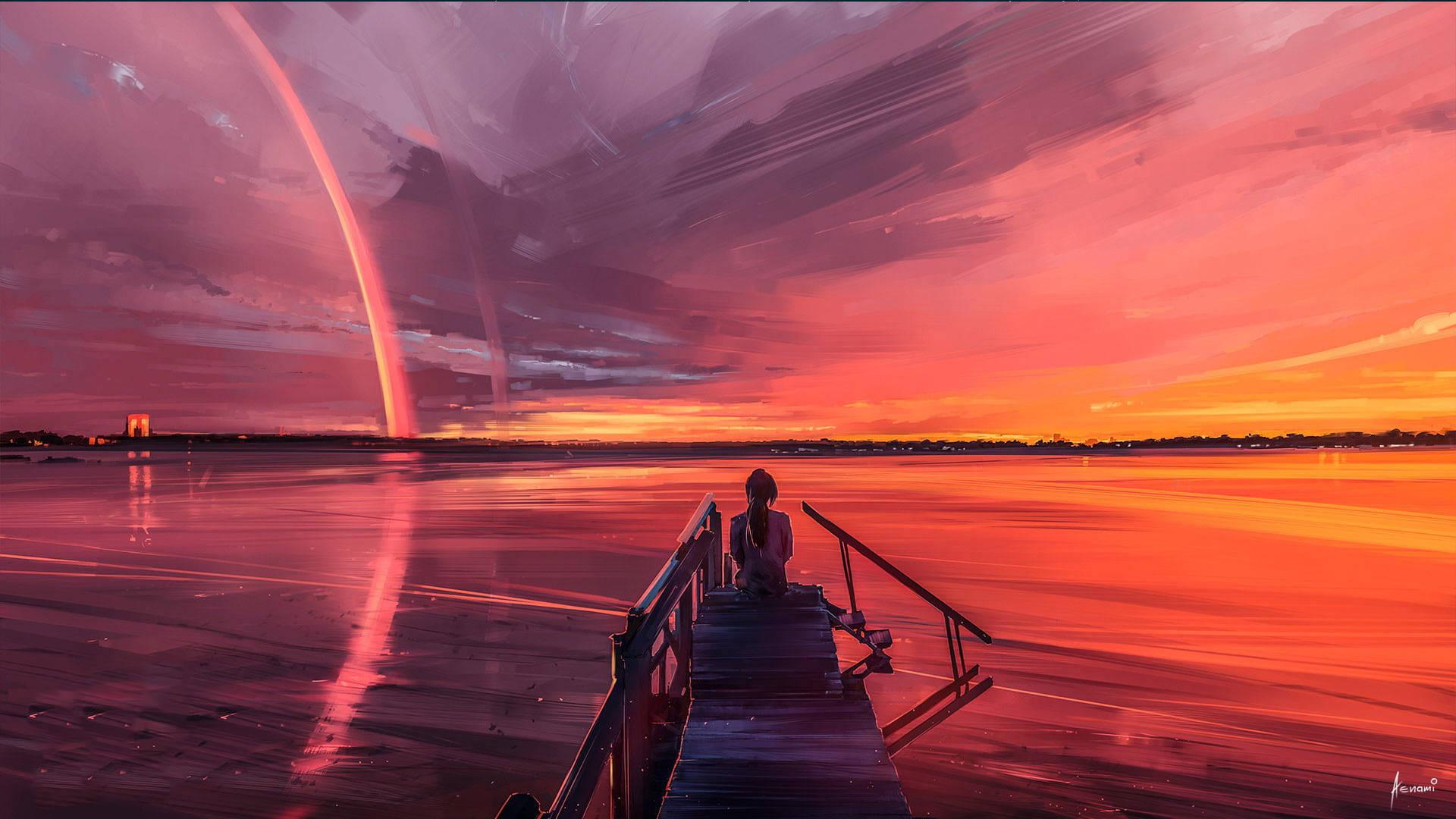 Sunset Bay Girl Alone — 1920x1080 wallpaper
