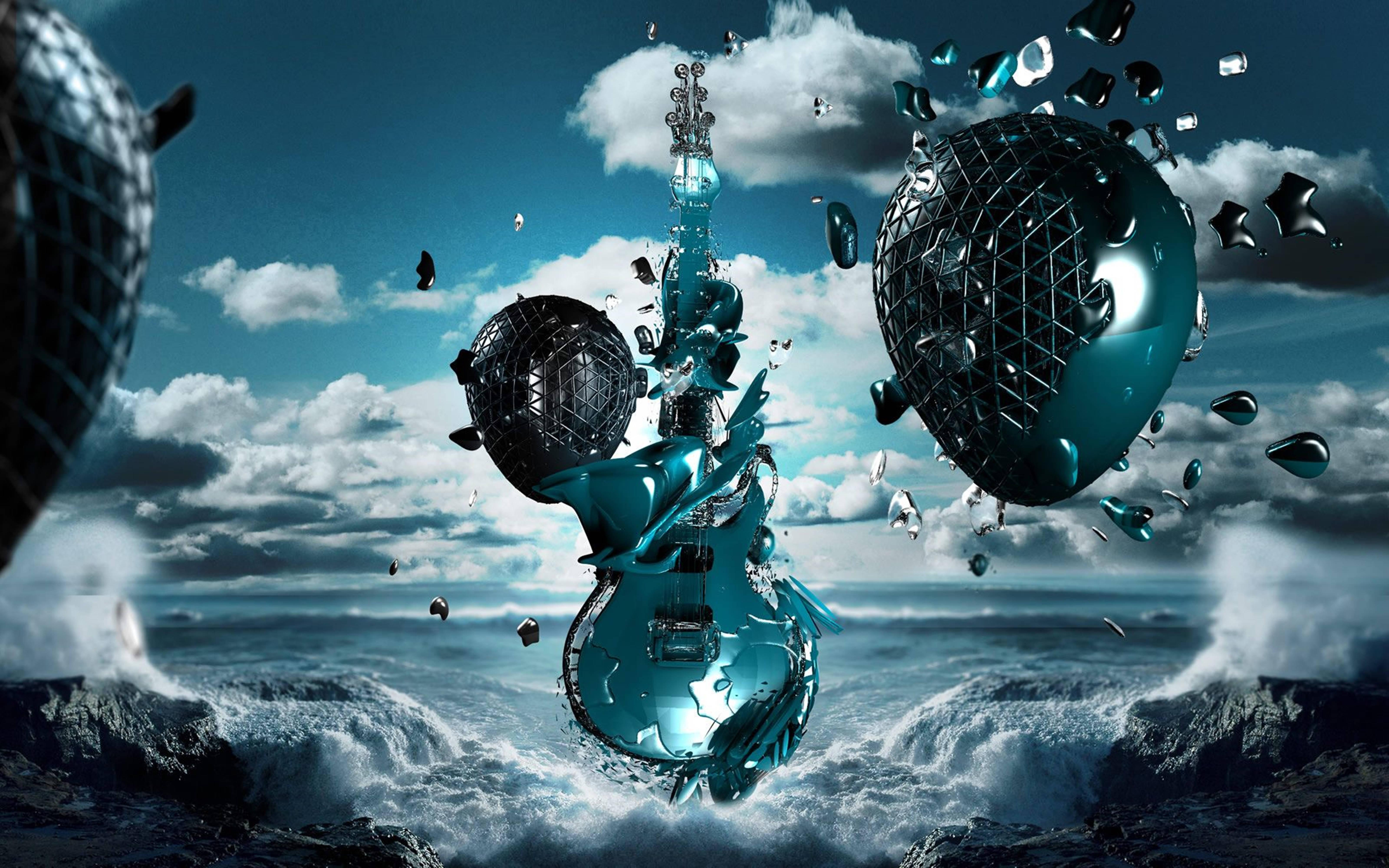 Surreal Electric Guitar in Futuristic Art 3D HD — 6400x4000 wallpaper