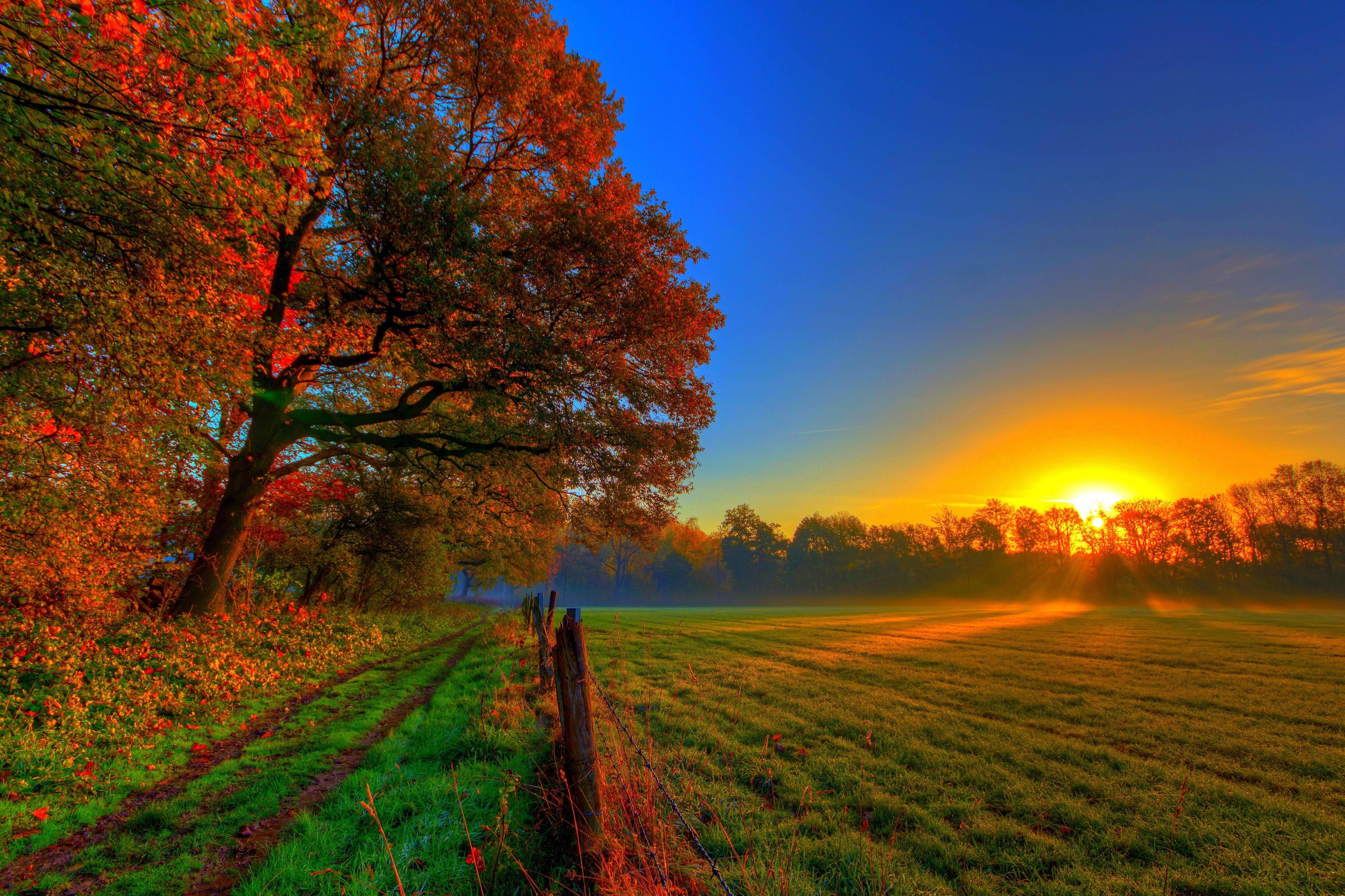 Take in the gorgeous colors of a sunset fall farm. — 4869x3245 wallpaper
