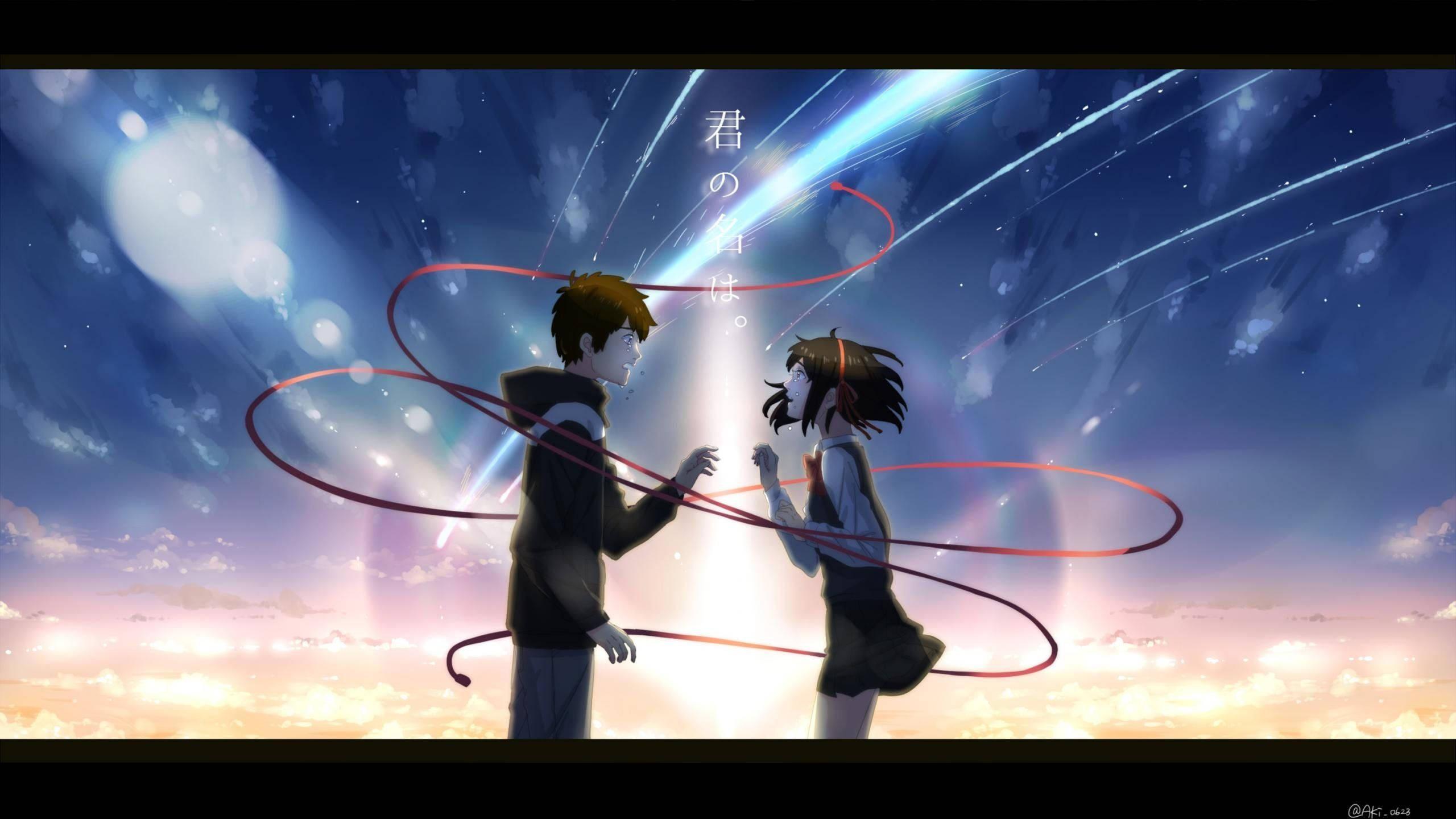 Taki and Mitsuha Look on in Wonder at the Red String of Fate Connecting Their Souls — 2560x1440 wallpaper
