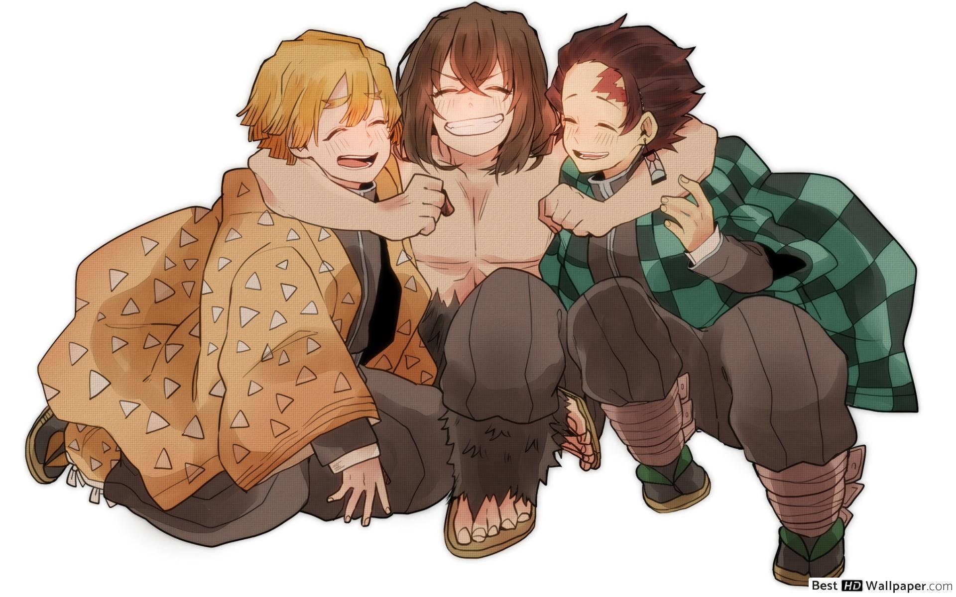 Tanjiro embraces his friends after triumphant battle — 1920x1200 wallpaper