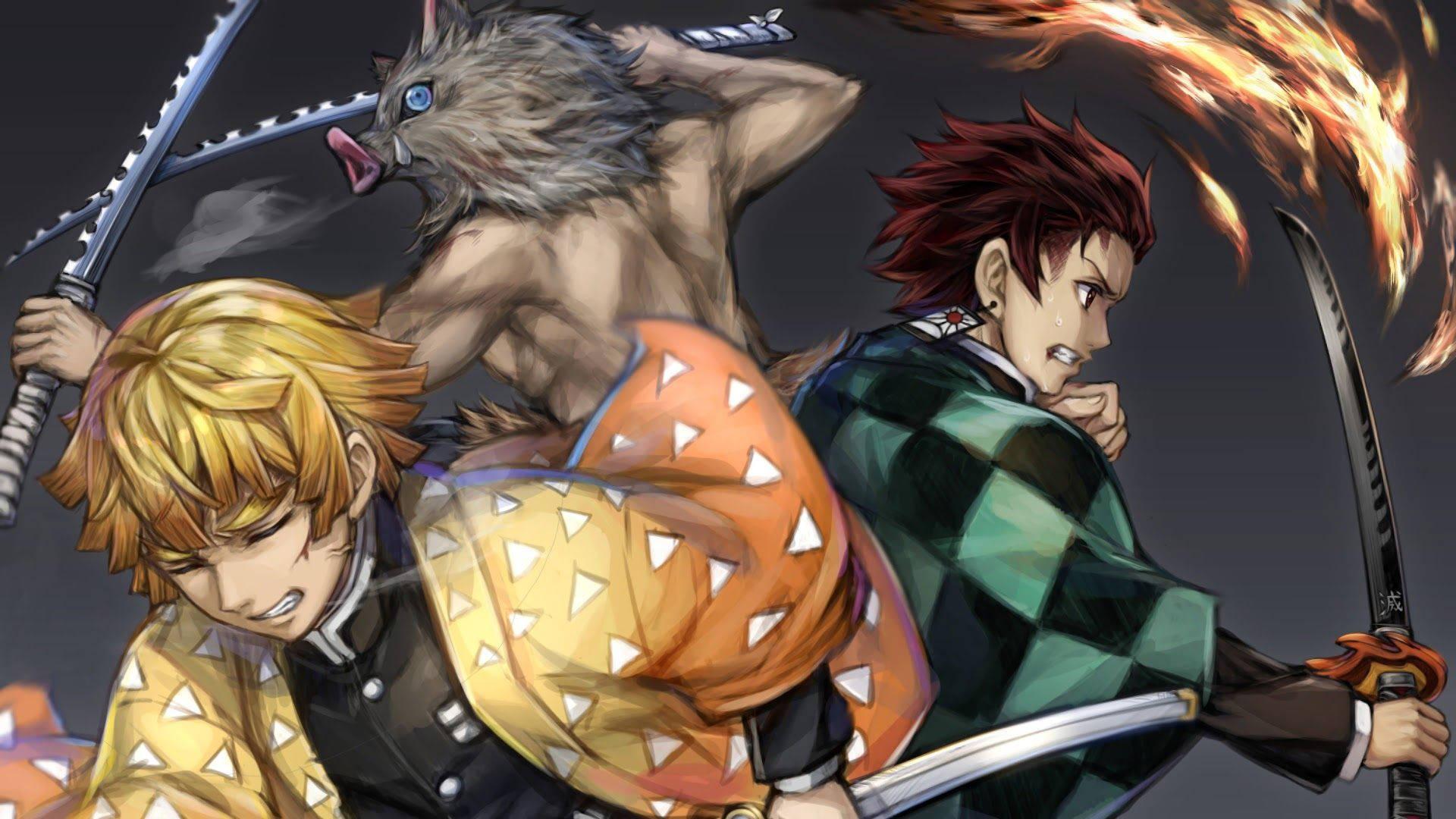 Tanjiro Kamado, Muzan Kibutsuji and Nezuko Kamado in Inosuke Hashibira and Zenitsu Agatsuma — 1920x1080 wallpaper