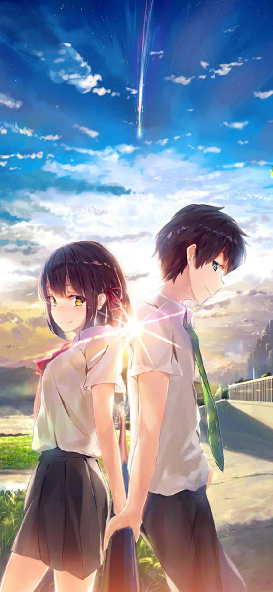 "The beautiful and romantic embrace of young lovers in the world of anime". — 887x1920 wallpaper