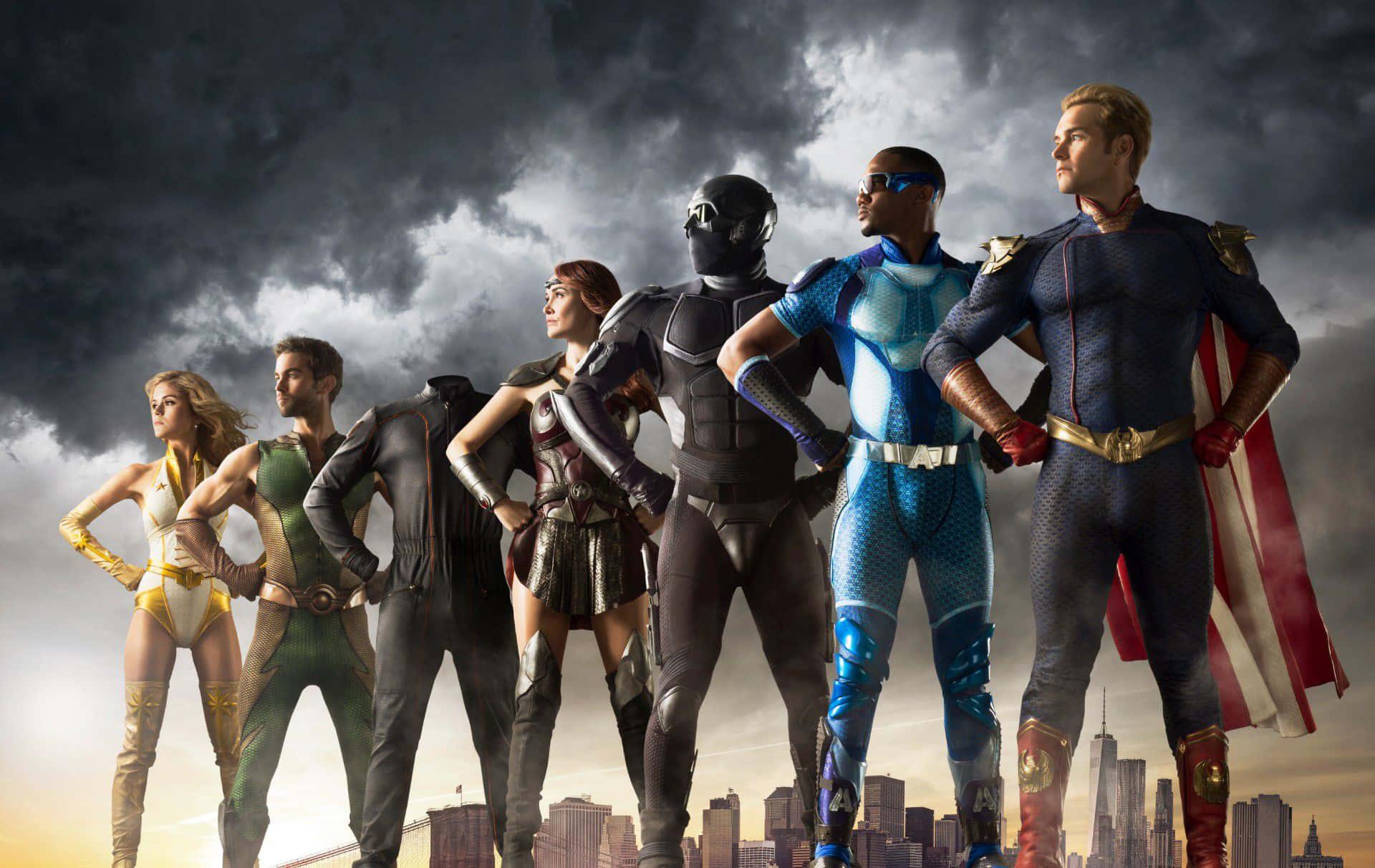 the dc comics team is standing in front of a city — 1920x1213 wallpaper