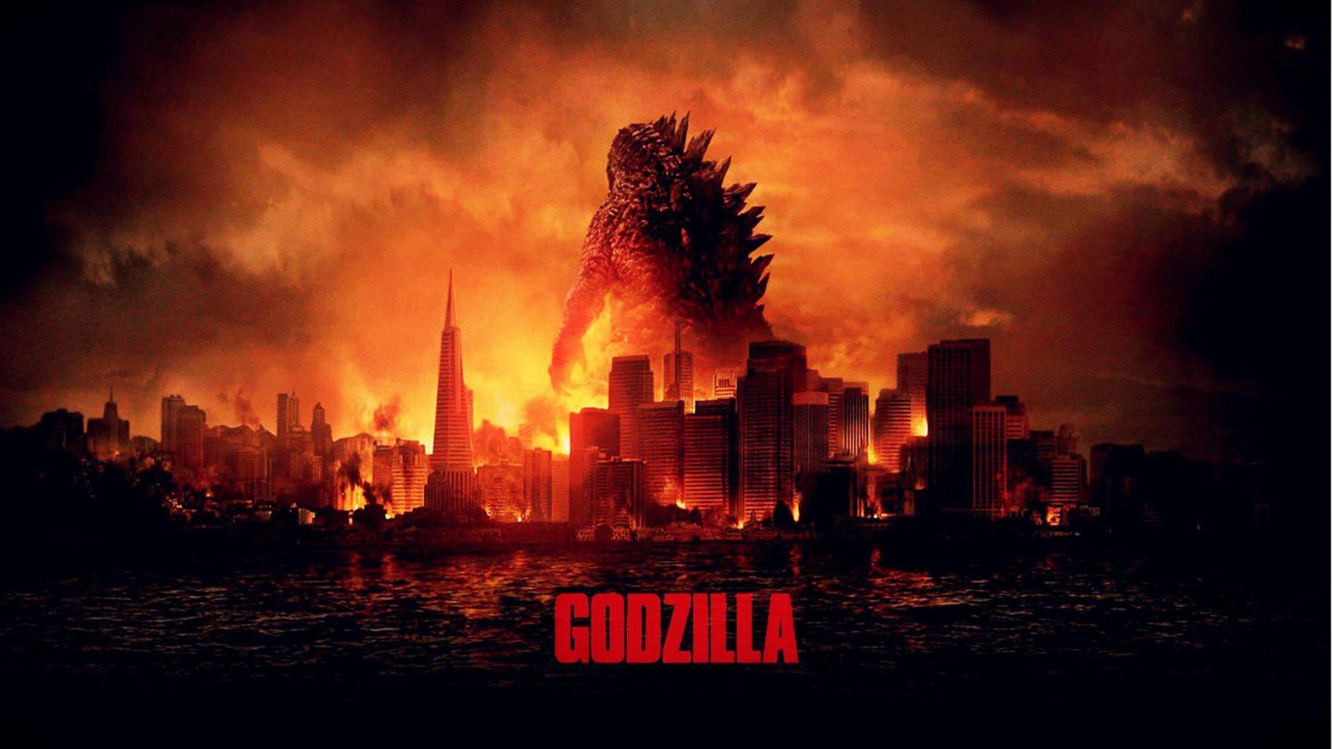 The destructive Godzilla wreaks havoc on a burning megacity. — 1920x1080 wallpaper