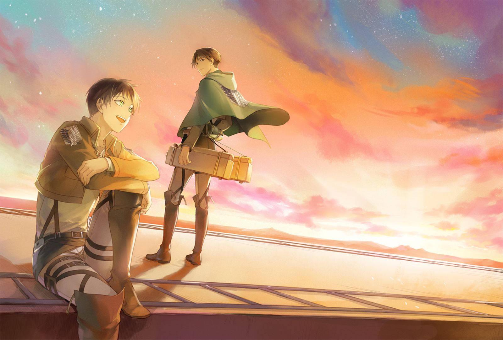 The heroic duo, Eren and Levi, of Attack on Titan take a moment amidst a starry night. — 1600x1084 wallpaper