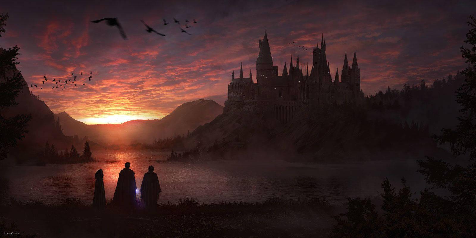 The magnificent Hogwarts Castle in the midst of a beautiful sunrise — 1600x800 wallpaper