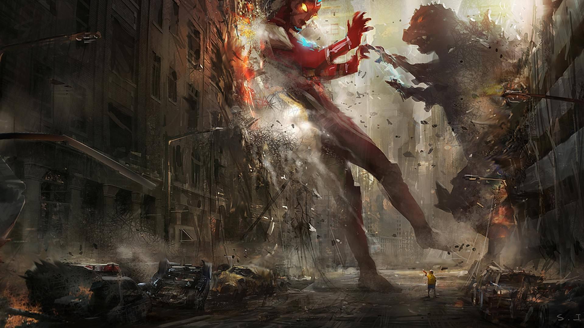 The Mighty Godzilla and Powerful Ultraman Face Off — 1920x1080 wallpaper
