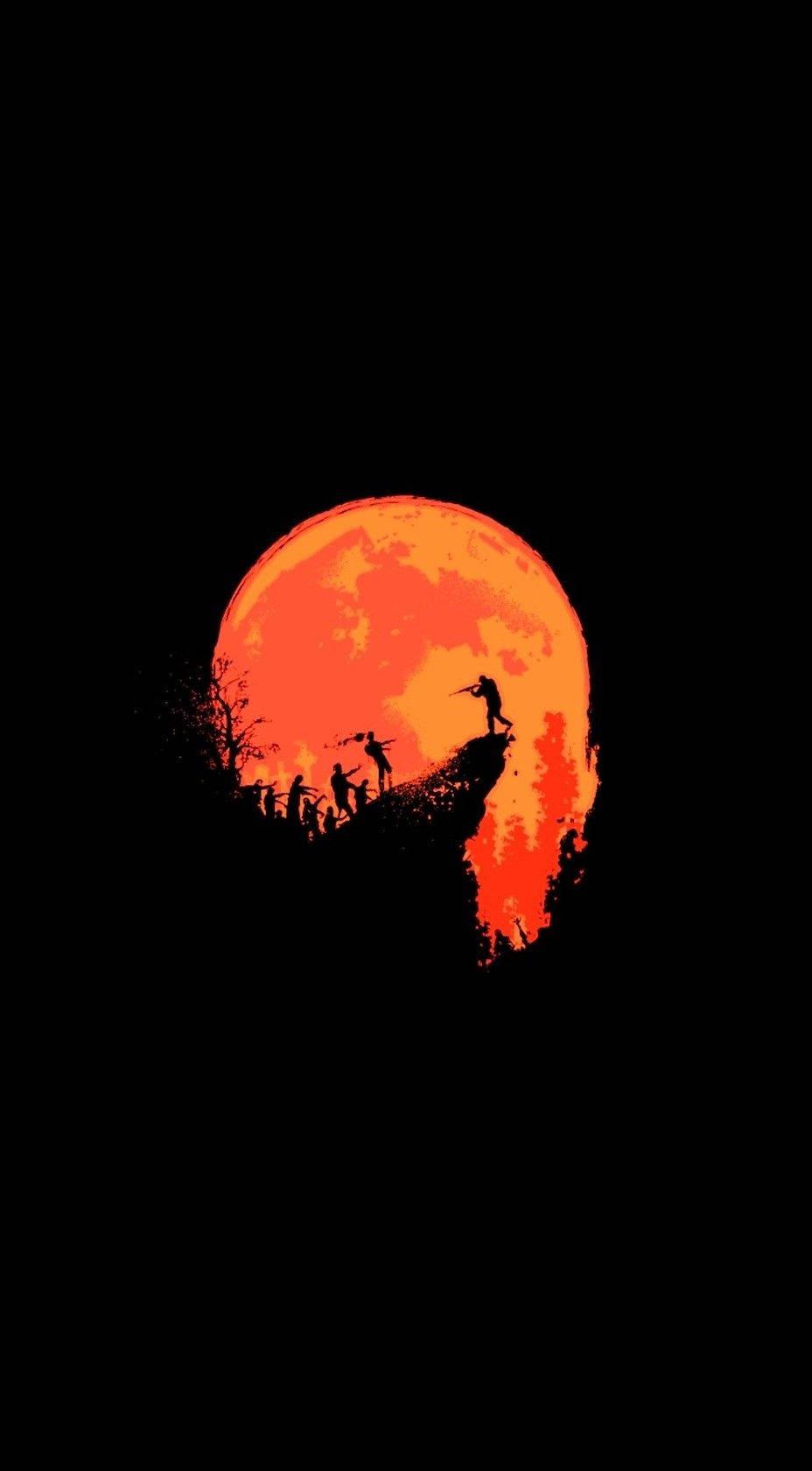 The moon glows orange atop a stunning cliff face. — 928x1681 wallpaper