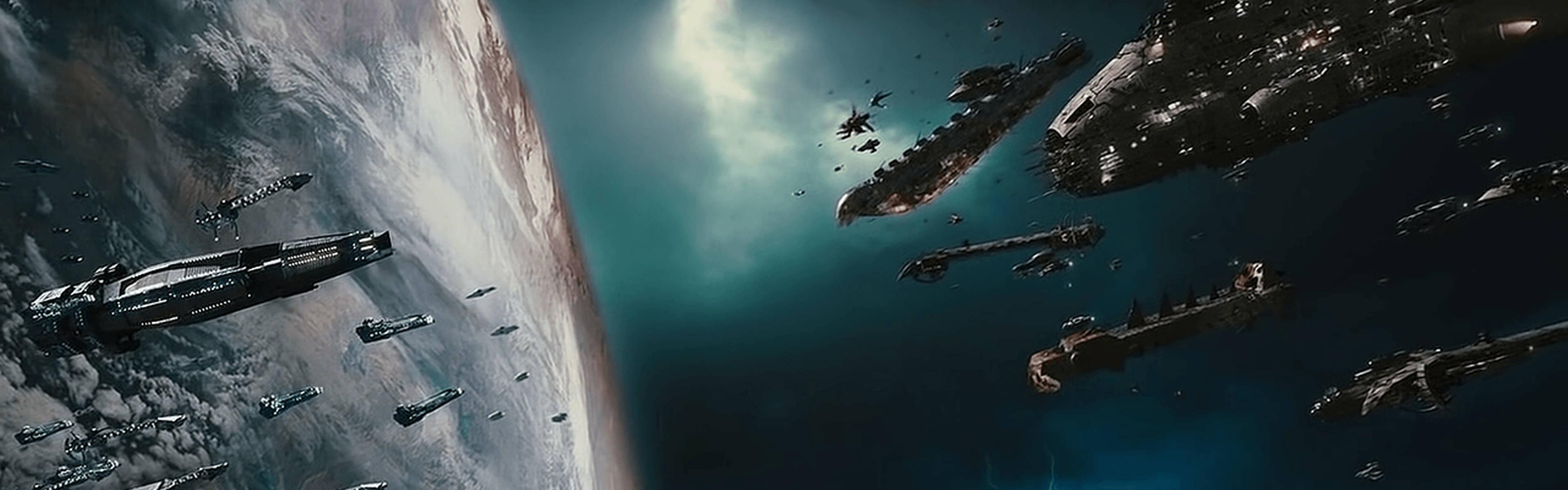 The Space Battle with Epic Visuals on Dual Monitor Displays — 3840x1200 wallpaper
