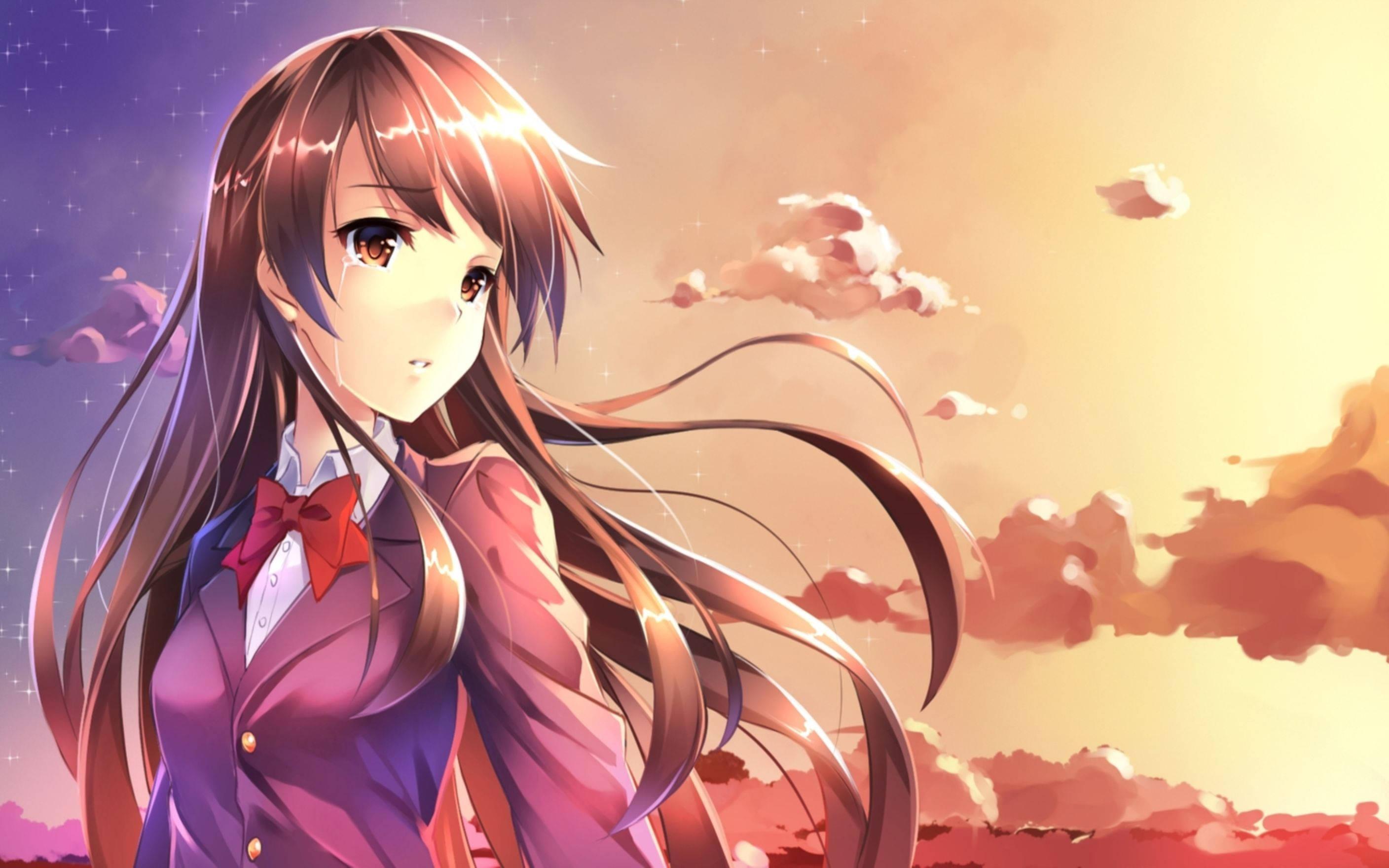 This anime girl is crying during a beautiful sunset, her sadness soothed by the peace of the evening. — 2816x1760 wallpaper