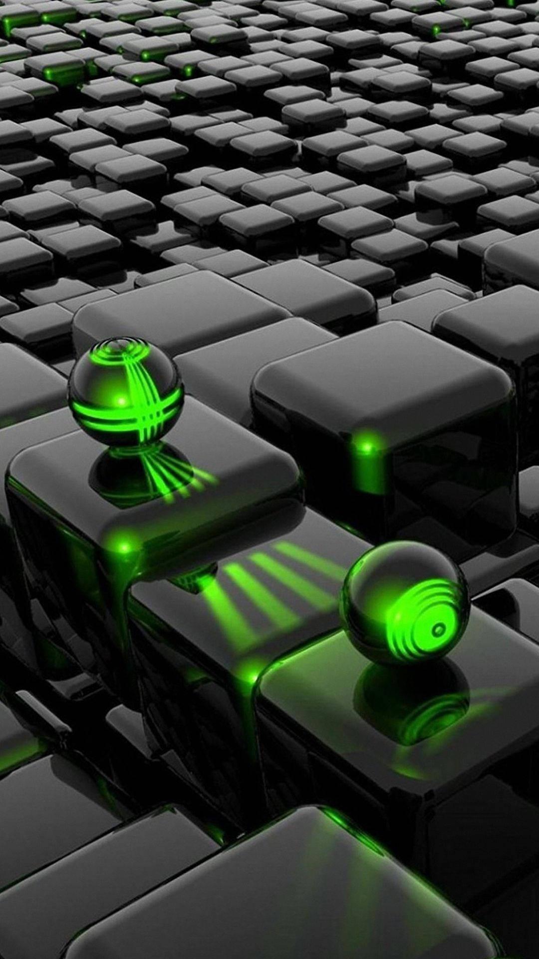 Three 3D neon green balls resting on black cubes — 1080x1920 wallpaper