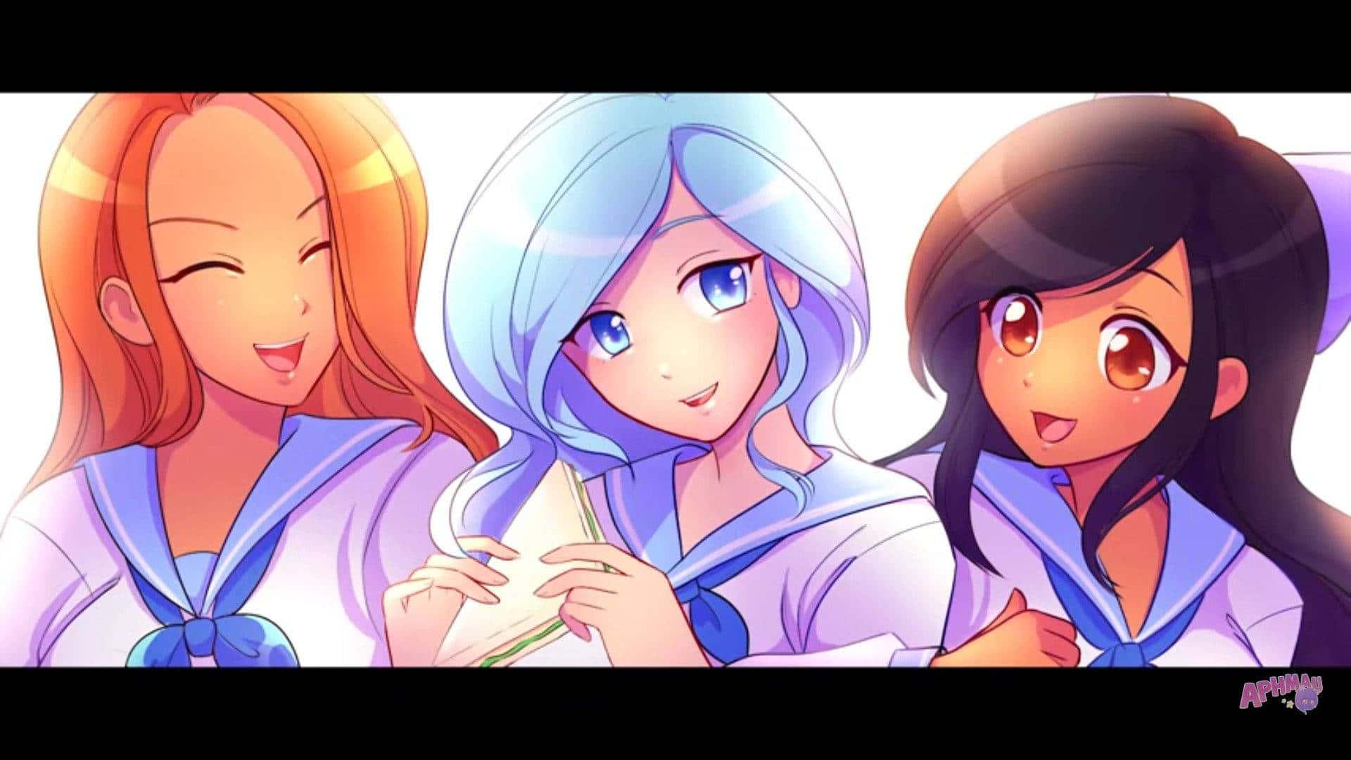 three anime girls with blue hair and blue eyes — 1920x1080 wallpaper