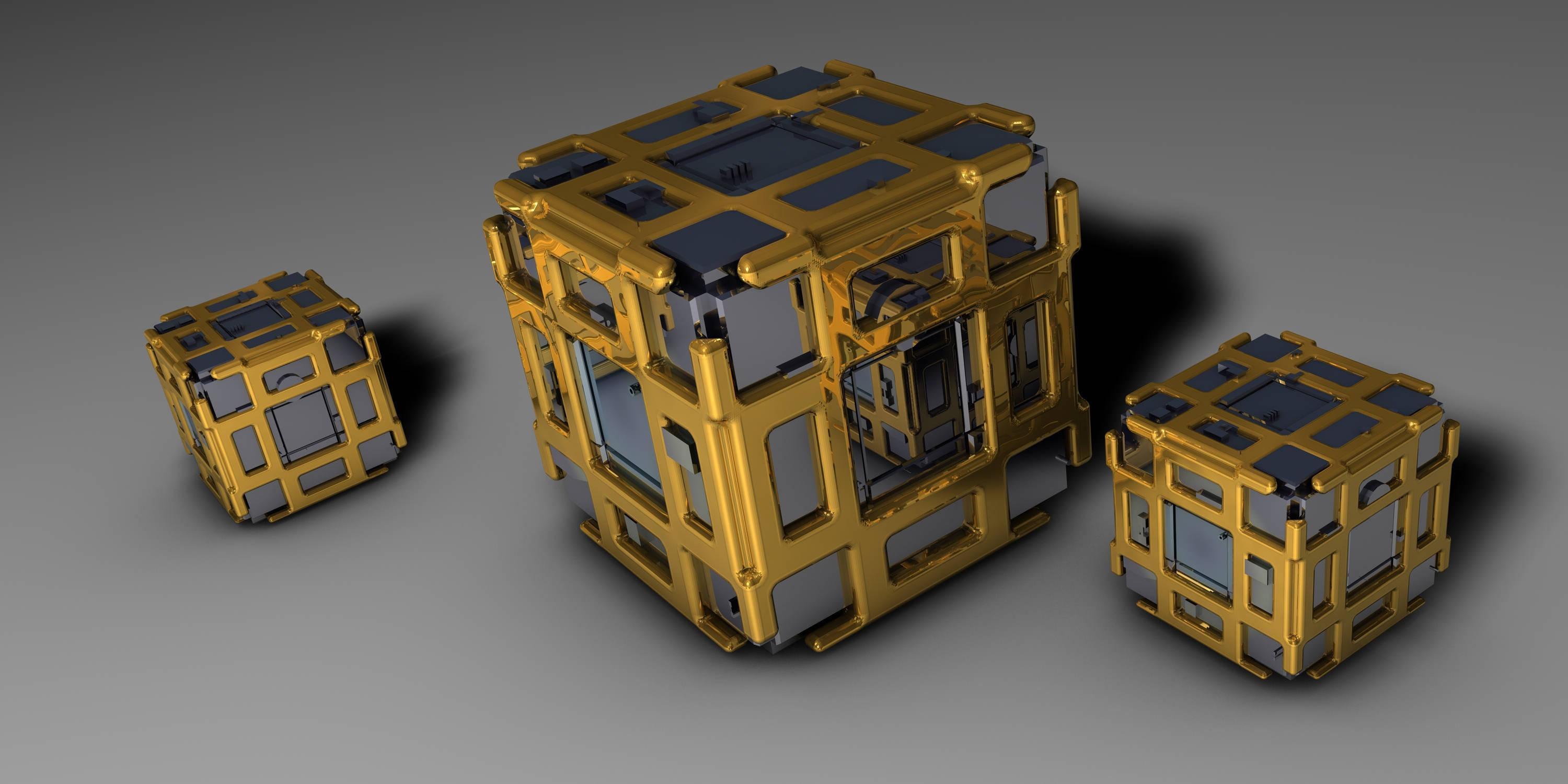 Three golden 3D cubes making an intriguing design — 3000x1500 wallpaper