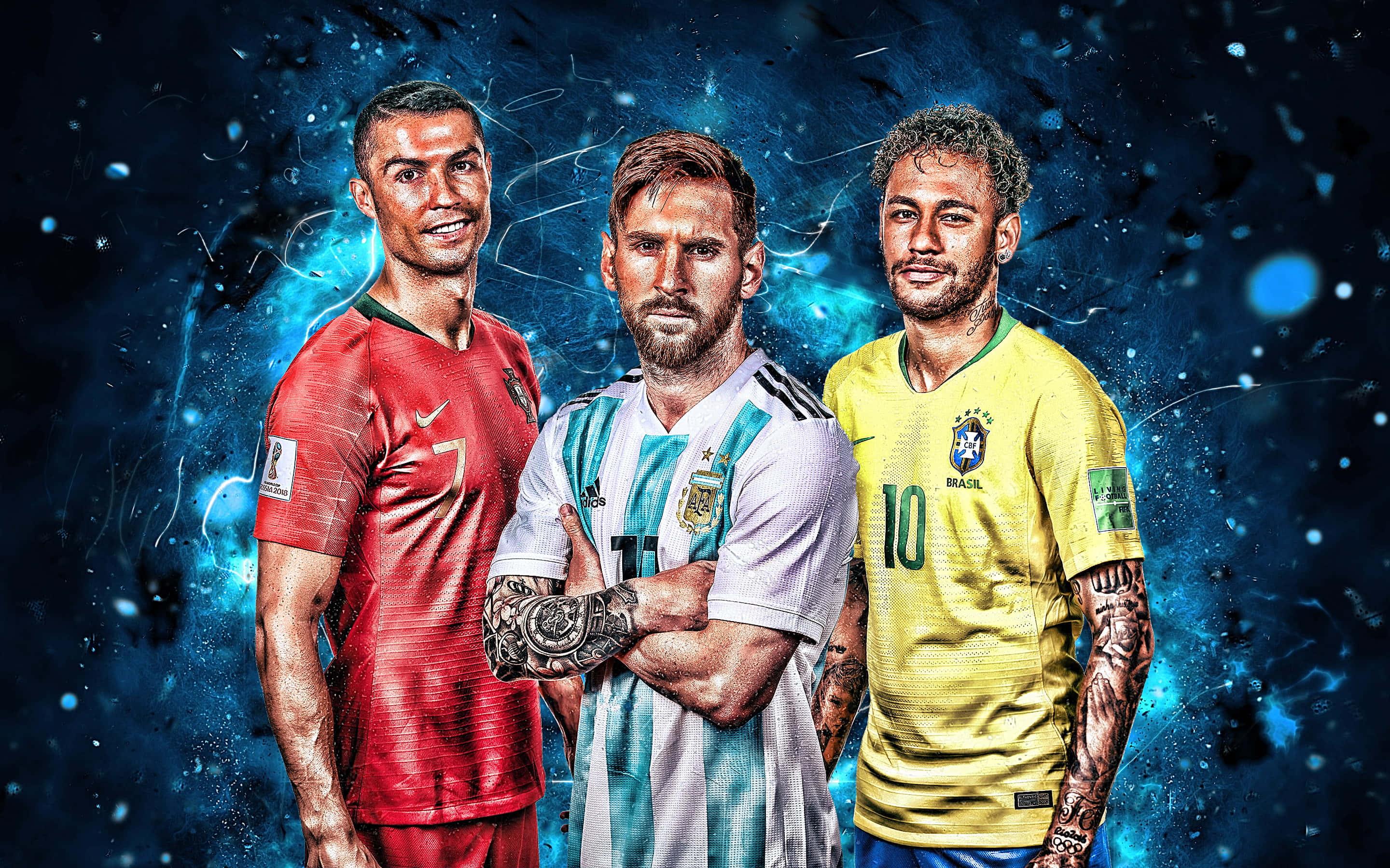 three soccer players standing in front of a blue background — 2880x1800 wallpaper