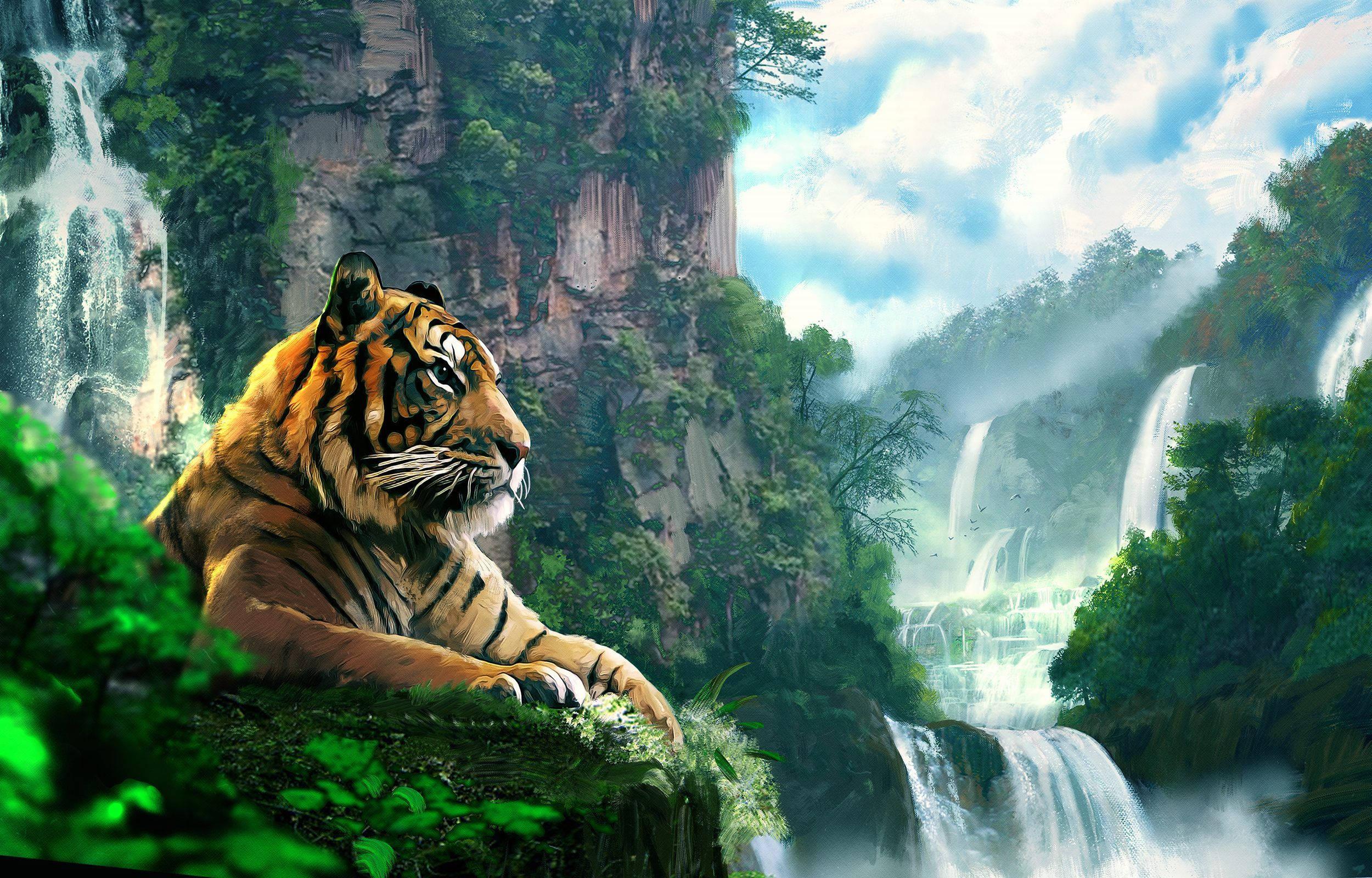 Tiger Near Waterfalls Painting — 2500x1600 wallpaper